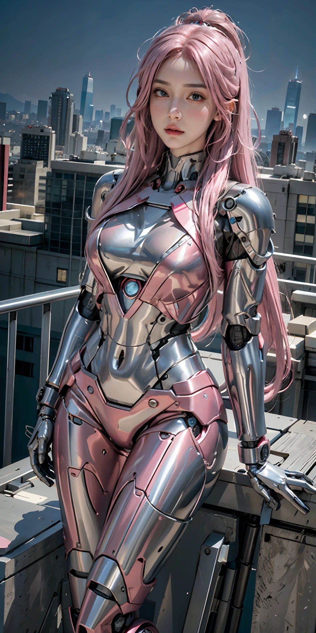 photorealistic, high resolution, soft light,1women, solo, hips up, (detailed face), pink hair, long hair, mecha musume, blue mechanical parts, robot joints, red mechanical bodysuit, cyborg, full metal body, city at night