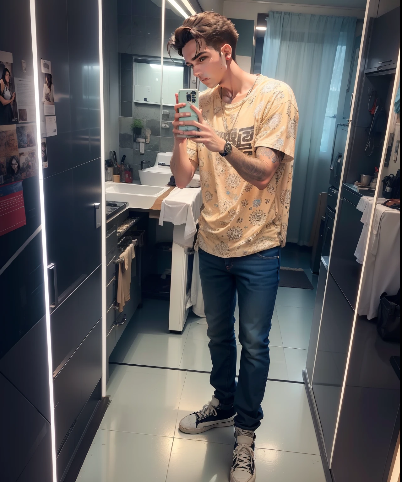 Adolescente branco de 18 anos, olhos expressivos, magro, cabelos castanhos ondulados, camiseta vermelha, bermuda jeans azul desfiada, perfect hands, old brown sneakers without socks, realista, ambiente claro, fundo verde liso, estilo ultra realista, sem fundo, corpo inteiro