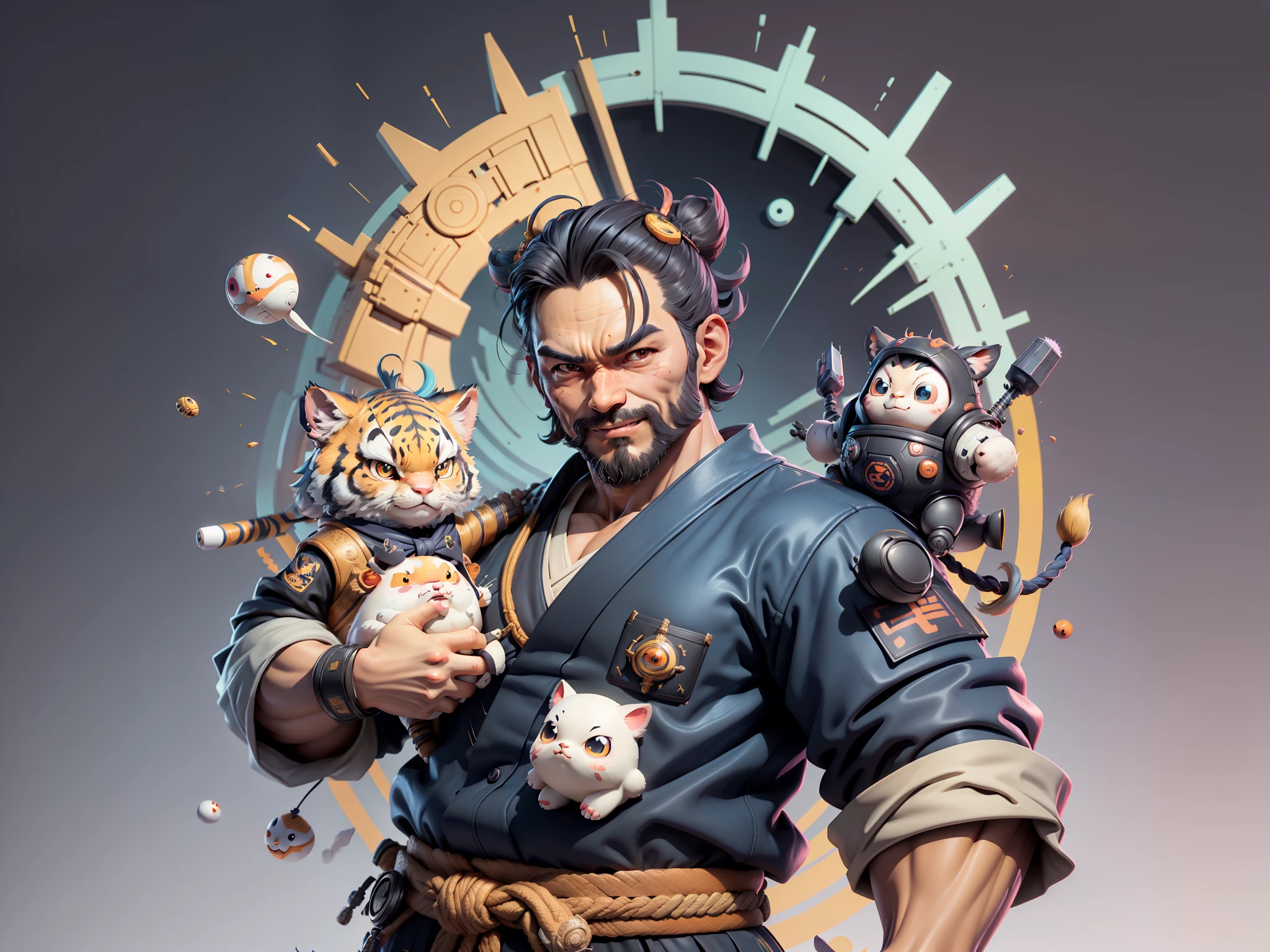 (Daisaku),(Need),(Super meticulous),(full bodyesbian:1.2),Super young man with Japanese geisha,Beautiful,orient,one tiger,Aeolian Thor,Raised sexy,爆乳,Oriental face,TV Anchor,Bust portrait illustration,In black suit,a blue tie,The face is slightly chubby,The face was clean,without a beard,Black super short hair,Black eyes,Smile confidently,3C computer sub-products,iPad, iphone,Digital painting,3D character design by Mark Clairen and Pixar and Hayao Miyazaki and Akira Toriyama,The illustration is a high-definition illustration in 4K resolution,With very detailed facial features and cartoon-style visuals。