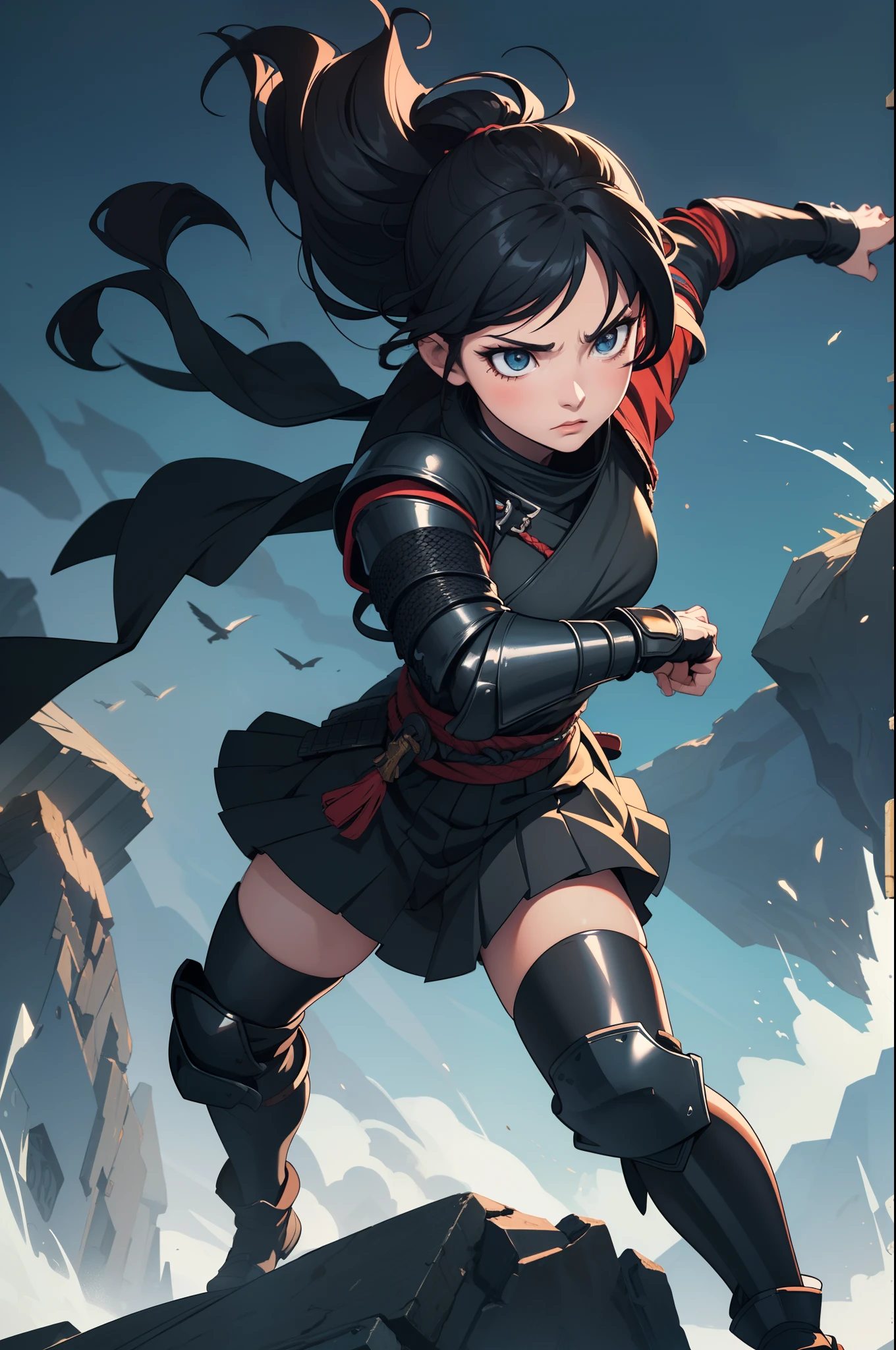 dramatic, gritty, intense, anime character, dynamic fighting pose, 1girl, solo, dark black hair, (tied up hairstyle), wearing gloves, (wearing samurai armor), armored gauntlets, wearing a skirt, boots, modern art, hair covering eyes, clenched fists, forest, beautiful face, beautiful eyes, vibrant colors, night, highest quality digital art, Stunning art, wallpaper 4k, 8k, 64k, HD, unparalleled masterpiece, full body, dynamic lighting, cinematic, epic, cowboy shot