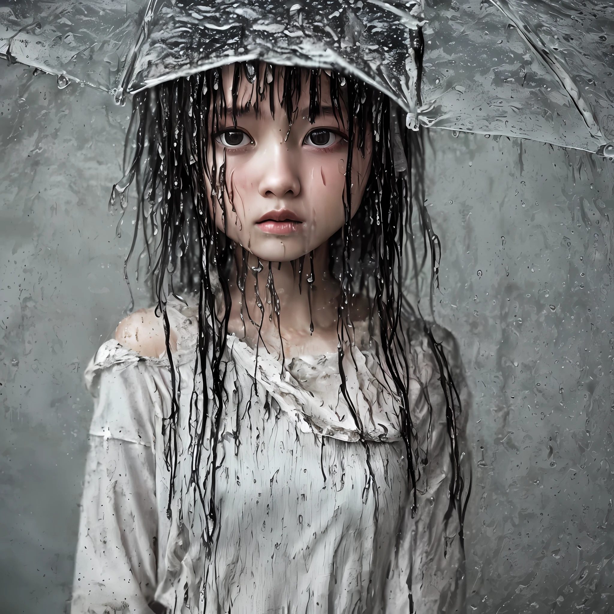 Best picture quality, masterpiece, ultra high resolution, (fidelity :1.4), photo, 1 girl,[(sadness)],white shirt, Dim, dark, desperate, pitying, pitiful, cinematic,tear,teardrop,(Torn clothes:1.5), (Wet clothes:1.4), bare shoulders,Real rain,wet hair,..