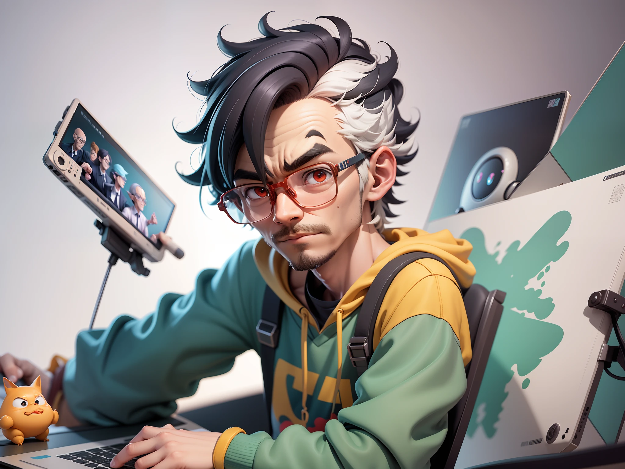 A young man with glasses sits at his desk,holding laptop,digitial painting,3D character design by Mark Clairen and Pixar and Hayao Miyazaki and Akira Toriyama,4K HD illustration,Very detailed facial features and cartoon-style visuals。