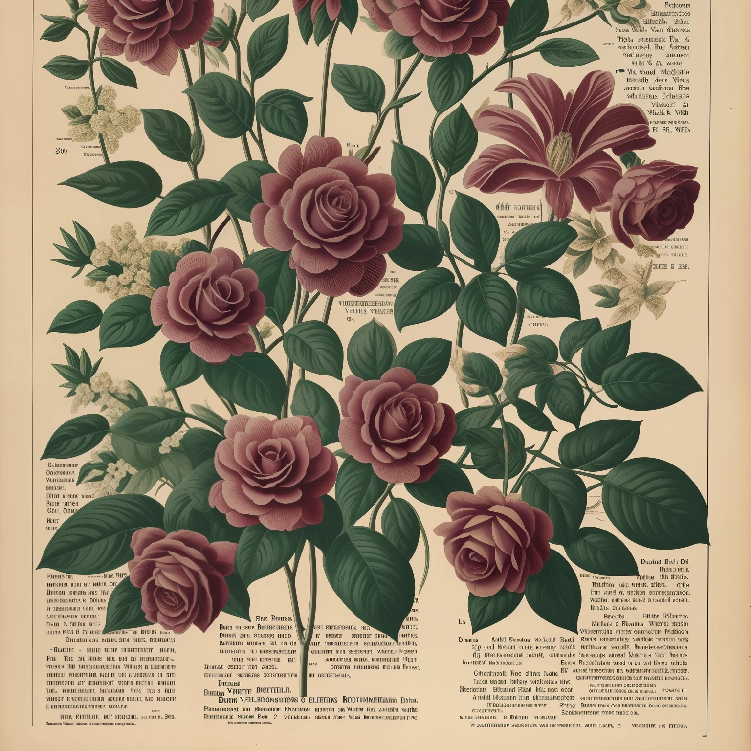 Vintage Victorian style Precise botanical encyclopedia dark color flowers