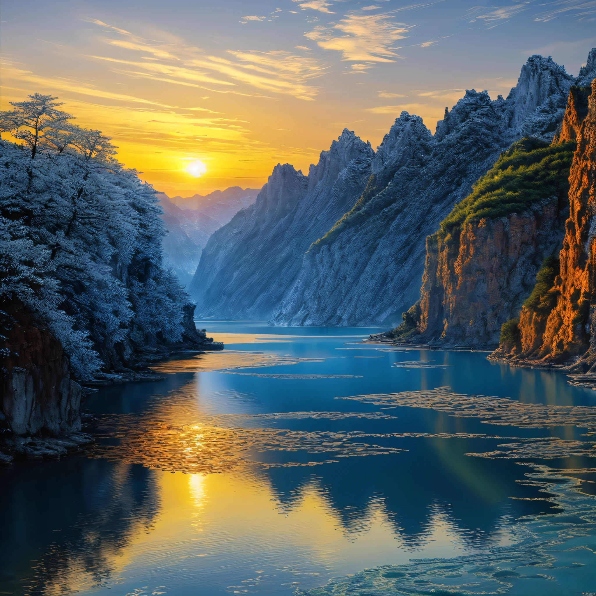paysage,Eau, paysage lumineux, soleil couchant, ciel bleu,  (Highly detailed CG Unit 8k wallpaper), The most beautiful work of art in the world, Professional majestic oil painting, complexe, High detail, mise au point nette, dramatique, Art of photorealist painting,