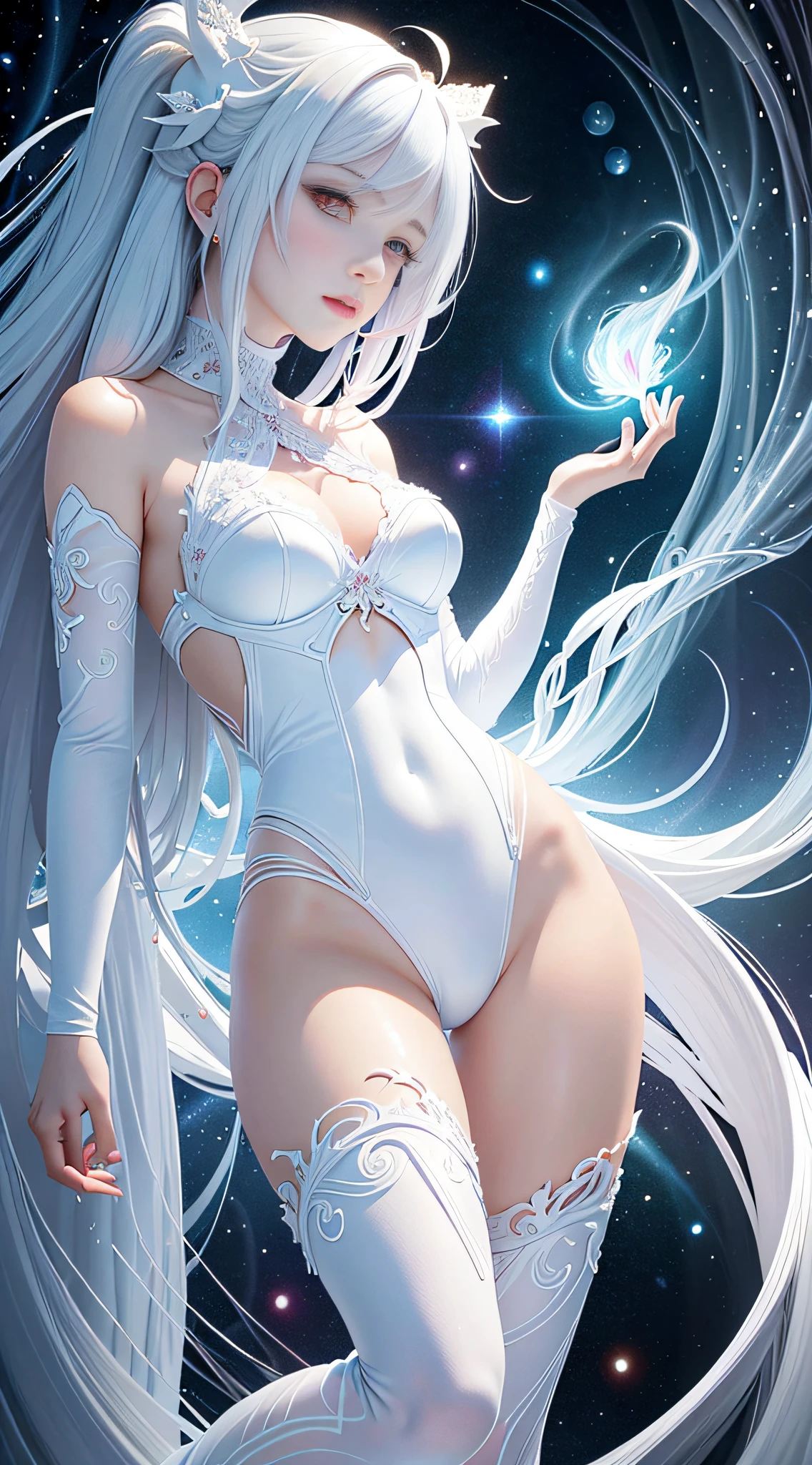 realisticlying,(tmasterpiece,top Quority,best qualtiy,offcial art,Beauty and aesthetics:1.2),The is very detailed,s fractal art,Colorful,Most detailed,zentangle,(abstract backgrounds:1.5)(1girl:1.3),Kamimei,white color hair,(luminous red eyes),mistic,(magia),Ice and snow,((amaryllis)),hades,hell