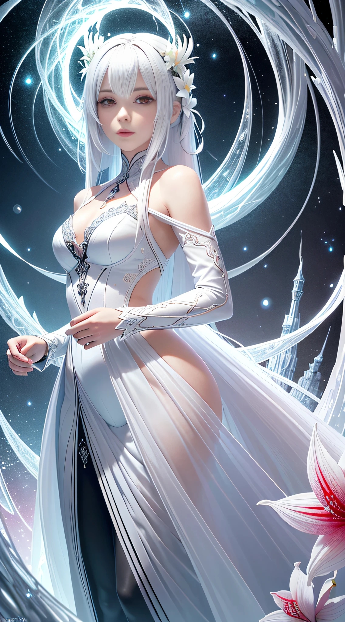 realisticlying,(tmasterpiece,top Quority,best qualtiy,offcial art,Beauty and aesthetics:1.2),The is very detailed,s fractal art,Colorful,Most detailed,zentangle,(abstract backgrounds:1.5)(1girl:1.3),Kamimei,white color hair,(luminous red eyes),mistic,(magia),Ice and snow,((amaryllis)),hades,hell
