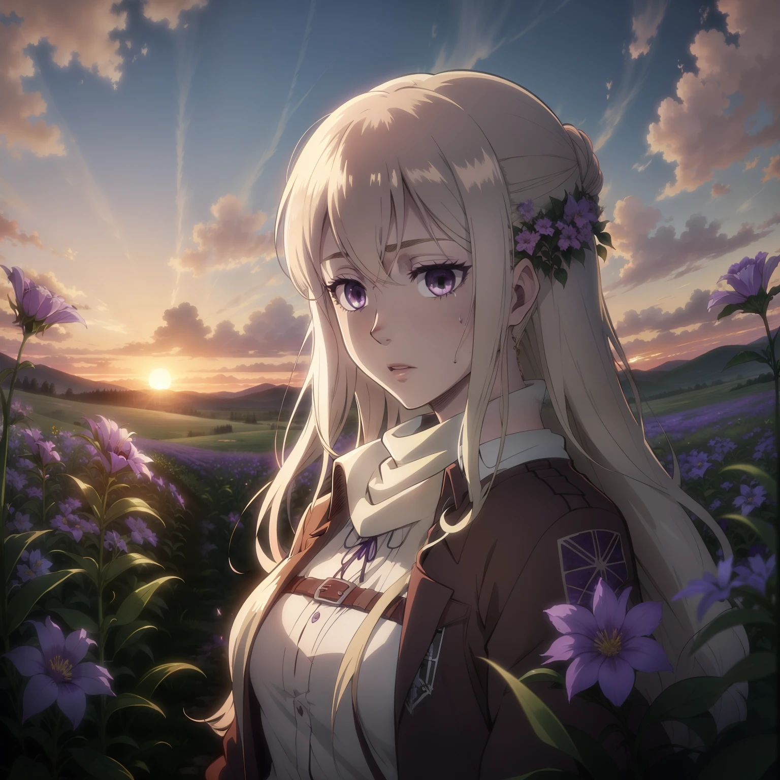 The Albino Woman, long curly hair, violet eyes, Field of flowers, Sunset