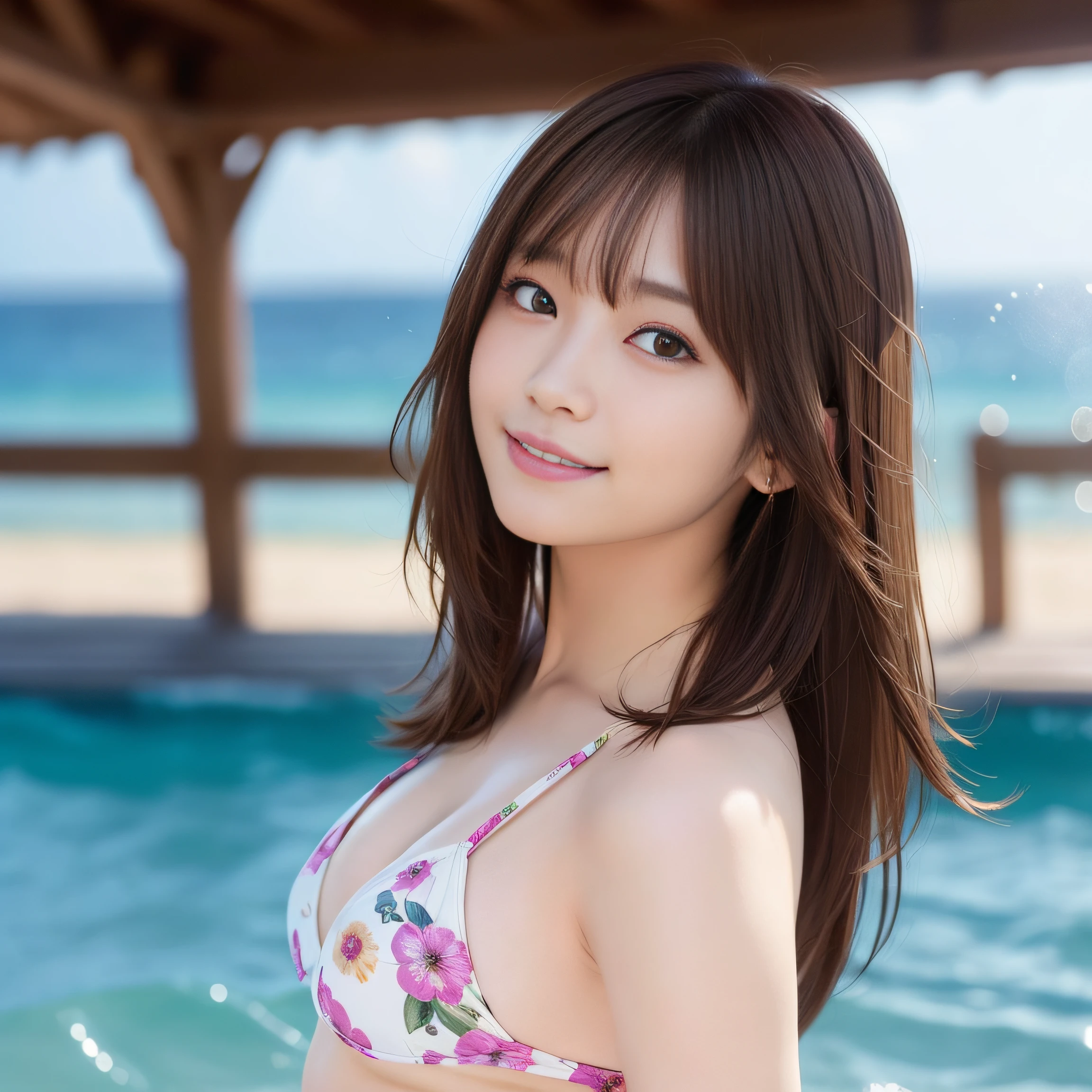 Black eyes、in 8K,Best Quality:1.4, 超A high resolution:1.5, (Photorealistic:1.4),masterpiece:1.2,(top-quality:1.4)、 Raw photo、 (From the knee up:1.2, From Side:0.7), (the background is blurred), sea side, sand beach, 1日本人の女の子, Cute, (Solo), (Shy smile), Smooth skin, (Brown medium hair,Bangs), (touch hair:1.4),nogizaka,Cute swimsuit,Supple fingertips,Beautiful eyes、natural skin textures:1.1, realistic eyes and face details:1.5、Floral Bikini、middlebreasts、Backshots:1.2、the setting sun、Gravure Pose、Toned buttocks:1.4、Hands behind your head