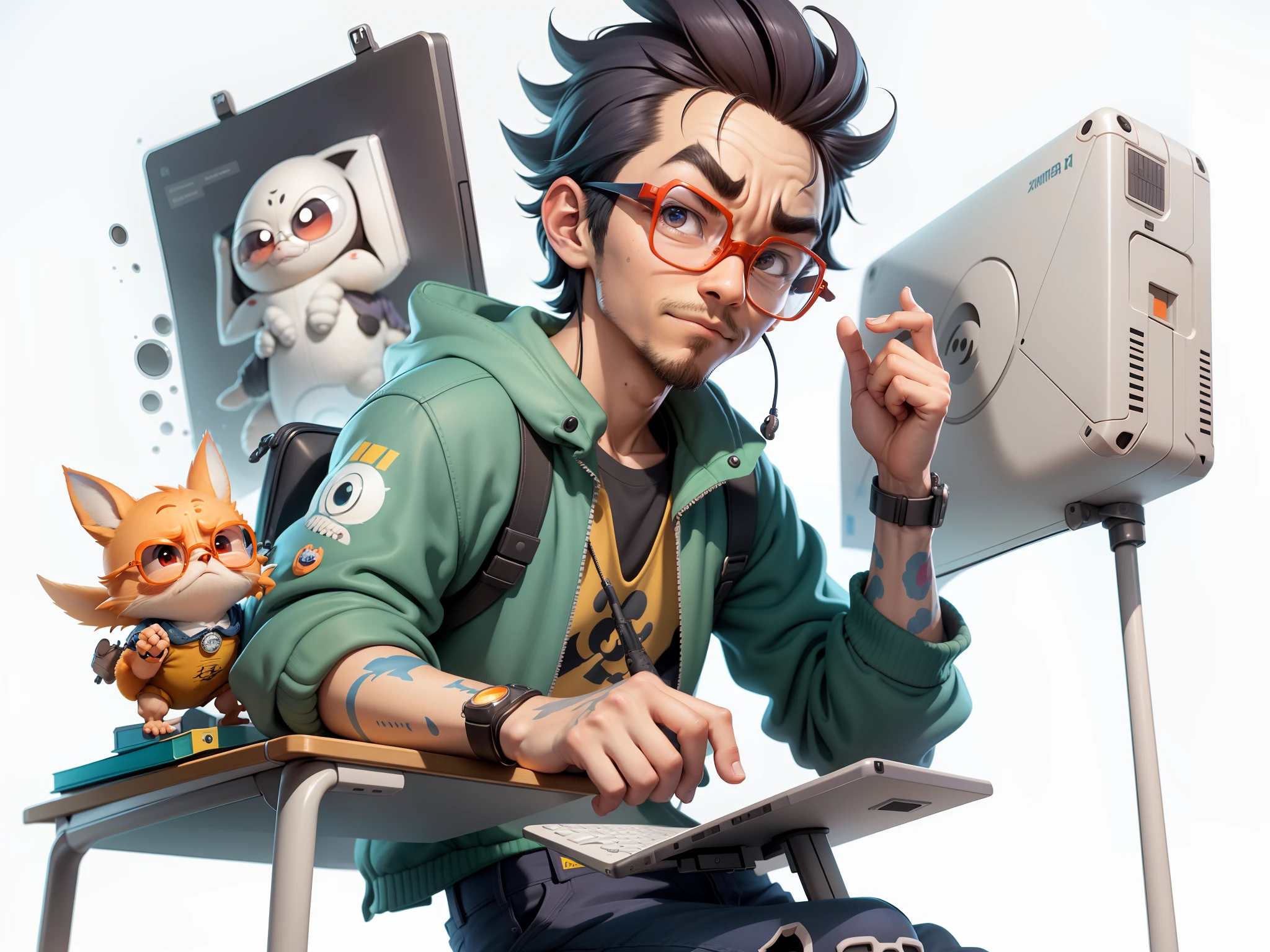A young man with glasses sits at his desk，holding laptop，digitial painting，3D character design by Mark Clairen and Pixar and Hayao Miyazaki and Akira Toriyama，4K HD illustration，Very detailed facial features and cartoon-style visuals。