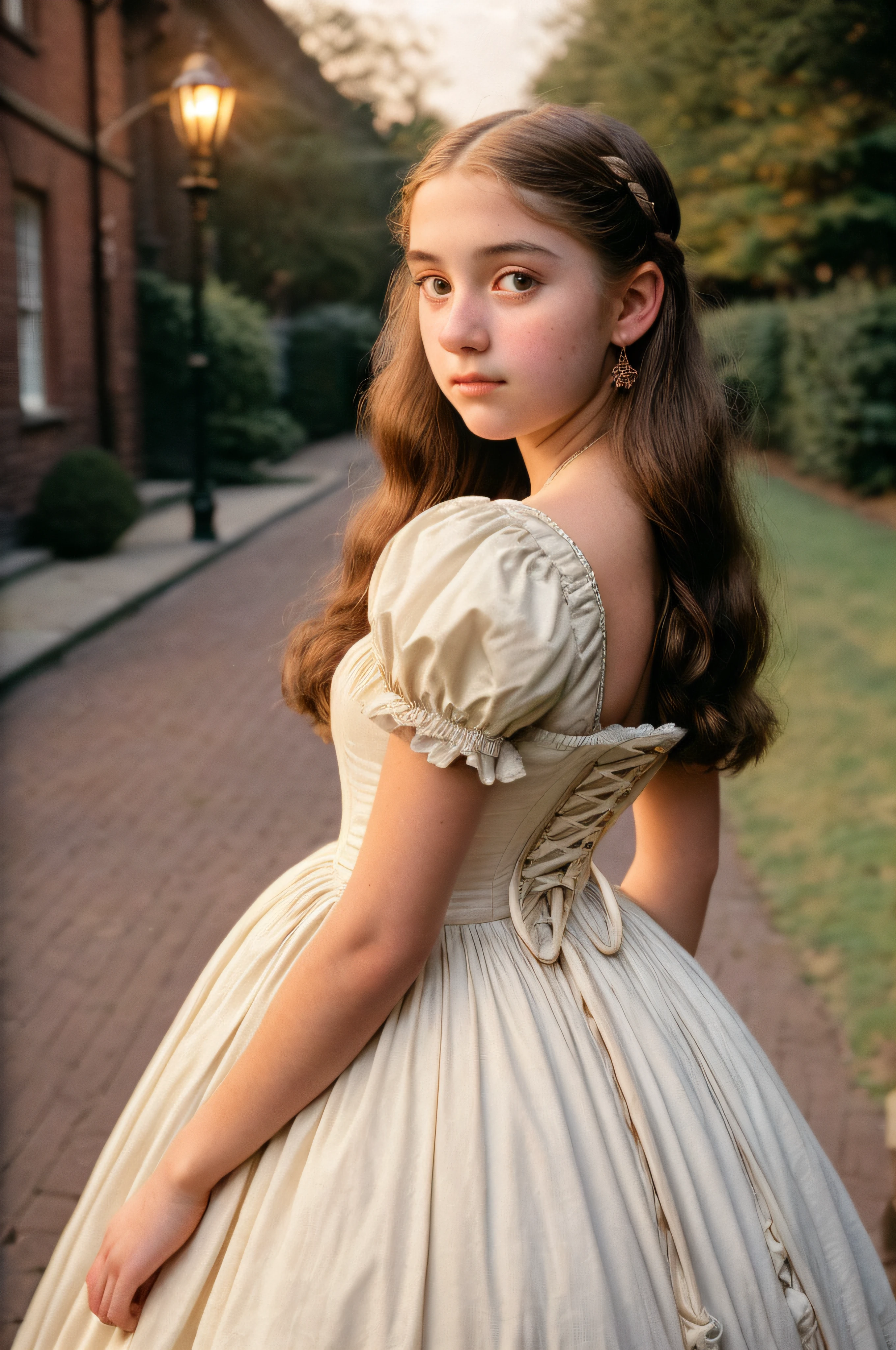 (a closeup of a, Editorial photo of a beautiful -yeld gion a 19th century street in a vintage dress), (Serious:0.5) (Highly detailed face:1.4), ass pov, Nikon D850, film stock photograph ,4 Kodak Portra 400 ,camera f1.6 lens ,saturated colors ,hyper realistic ,lifelike texture, dramatic  lighting , Cinestill 800, 19th-century Victorian style, evening, Vintage lighting