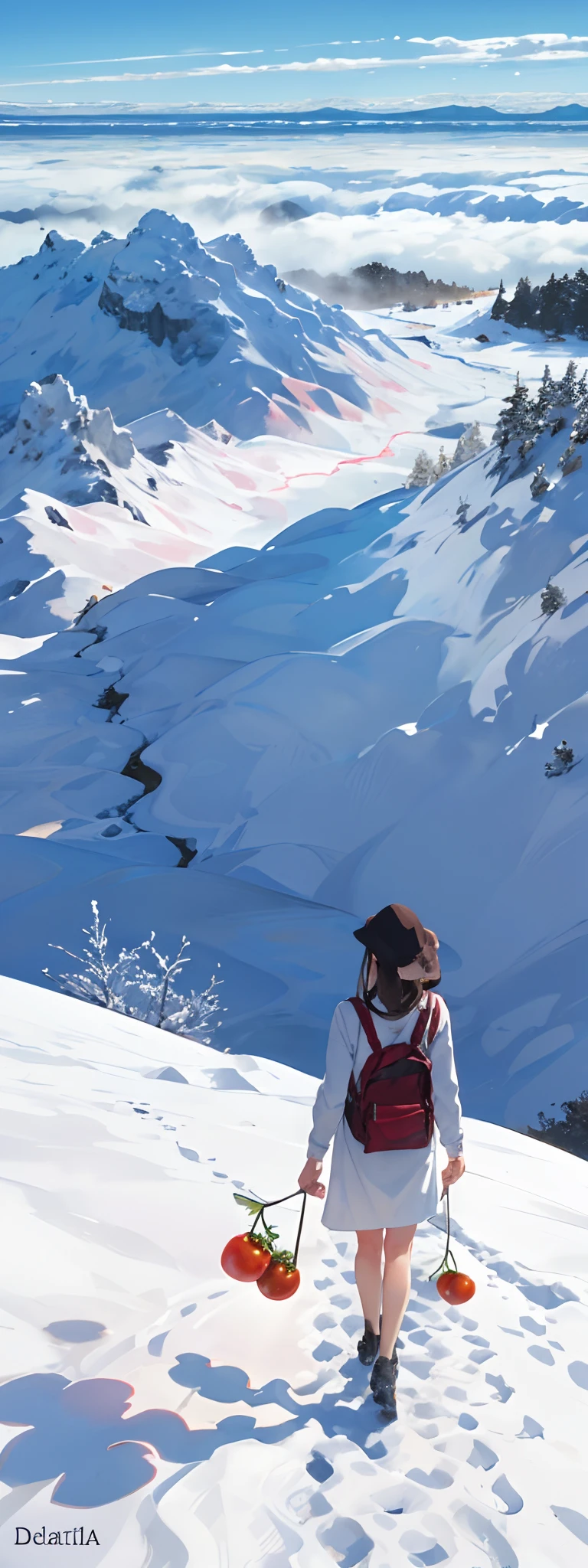 Mujer joven trabajando en el campo recogiendo tomates, immense expanse of land, muy detallada y realista, in the distance snowy mountains,sunlight filtering into the clouds