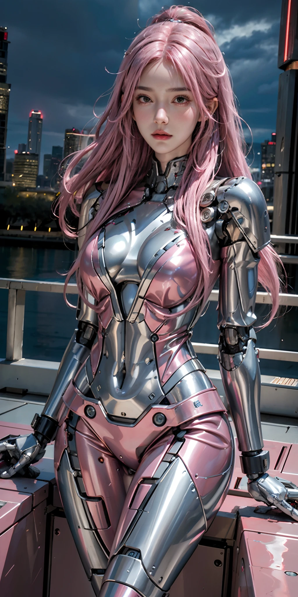 photorealistic, high resolution, soft light,1women, solo, hips up, (detailed face), pink hair, long hair, mecha musume, blue mechanical parts, robot joints, red mechanical bodysuit, cyborg, full metal body, city at night