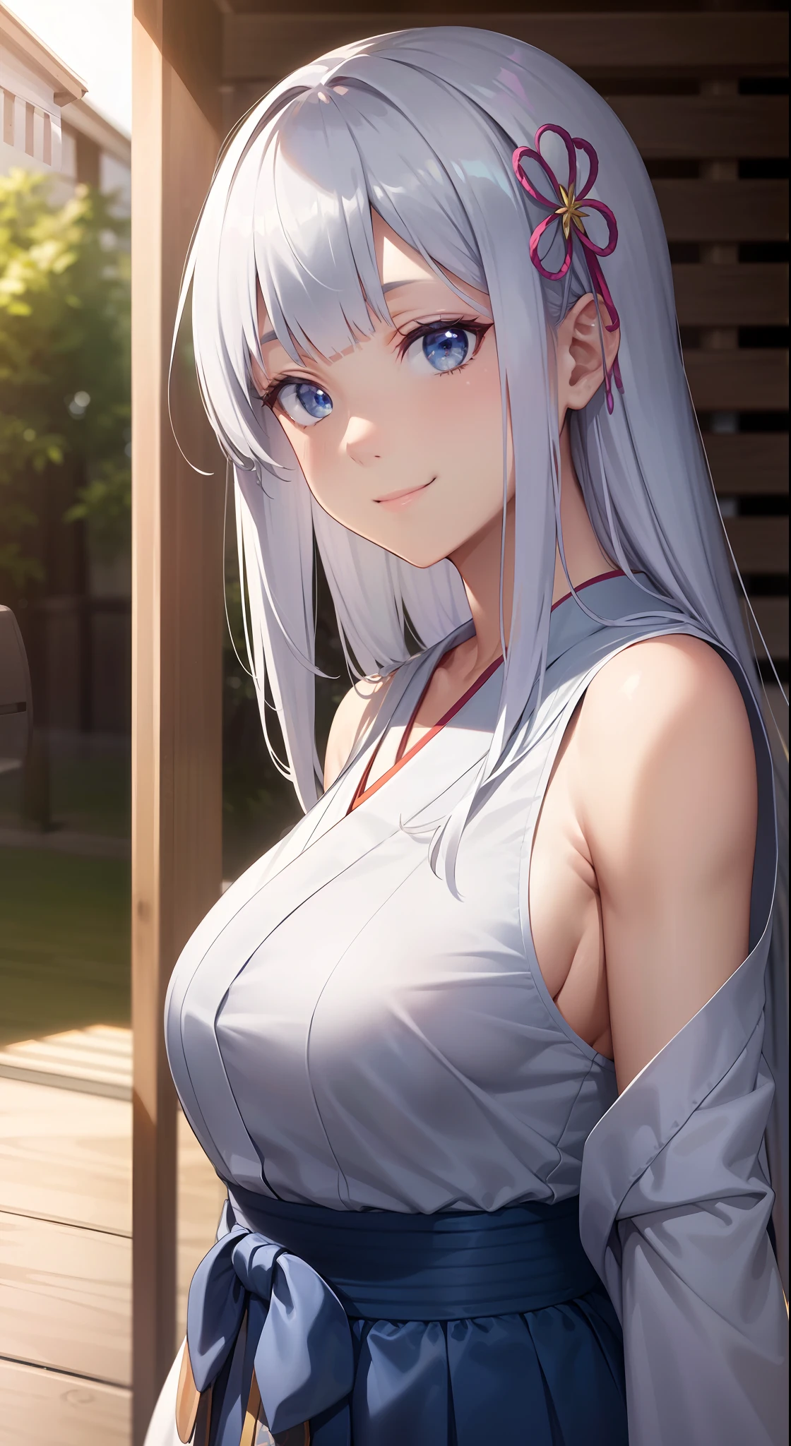 hair ornament, very long hair, japanese clothes, professional artwork, Intricate Details, field of view, sharp focus, detailed painting, photorealistic lighting, trending on pixiv, Standing at attention, ((school girl, summer school outfit)), ((large breasts:1,3)), Beautiful body,Beautiful Nose,Beautiful character design, perfect eyes, perfect face, looking at viewer, SFW,official art,extremely detailed CG unity 8k wallpaper, perfect lighting,Colorful, Bright_Front_face_Lighting, (masterpiece:1.0),(best_quality:1.0), ultra high res,4K,ultra-detailed, photography, 8K, HDR, highres, absurdres:1.2, Kodak portra 400, film grain, blurry background, bokeh:1.2, lens flare, (vibrant_color:1.2), shikkoku_yorihime, (happy smile, cheers), ((looking at viewer, front body pose))