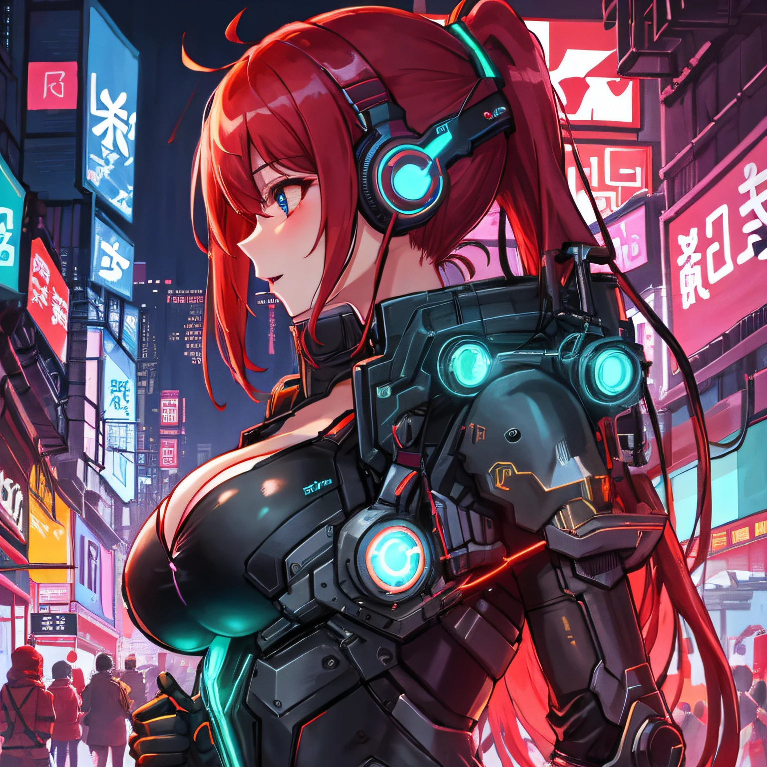 Cyborg Woman, 独奏, neon light, cyberpunked、Cyberpunk、cleavage of the breast、Top image quality、Erotic Woman、Muscle exposure、head phone、profile、sideways Facing、Red hair long ponytail、Red-haired