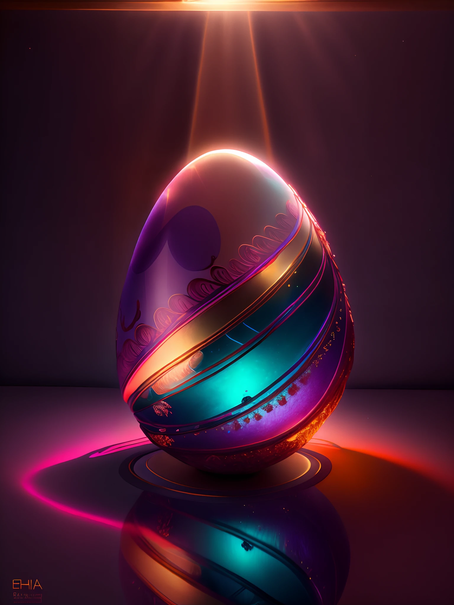 Efecto Shatter en After Effects,,Intricately opaque 3D soft broken shell egg carved from shiny ivory in dimly lit room, con una luz rosa muy suave que emana de debajo del huevo, zarcillos de vid en espiral brillantes de color naranja rosado que abarcan el huevo amorosamente como si estuviera vivo, fotorrealista, detallado, realista, alta calidad, Background thunderstorms, detallado, realista, 8k UHD, alta calidad, Barbiecore.  magica, fantasy, rosado, violeta, PALETA DE ORO, flores