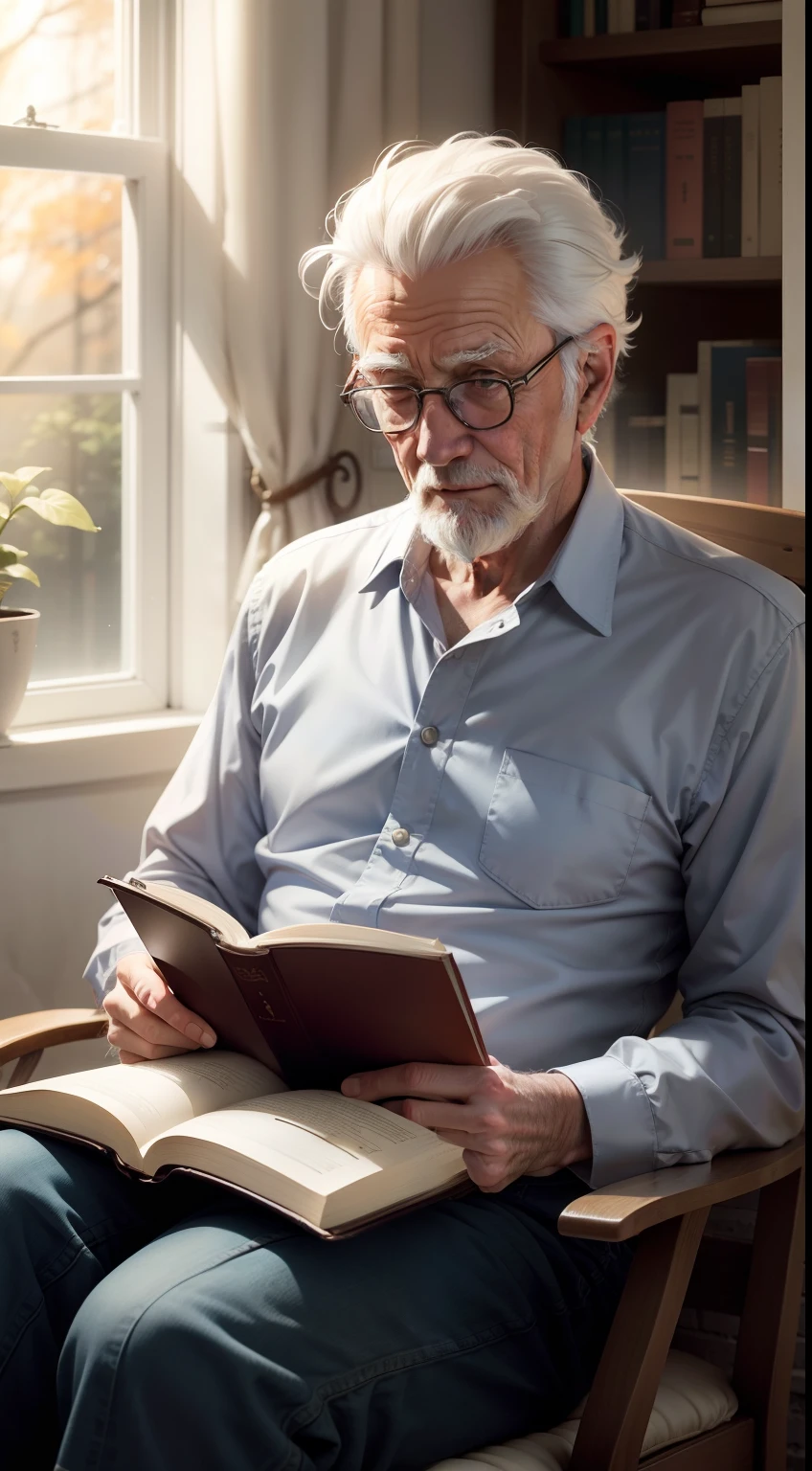 White-haired old man reads.