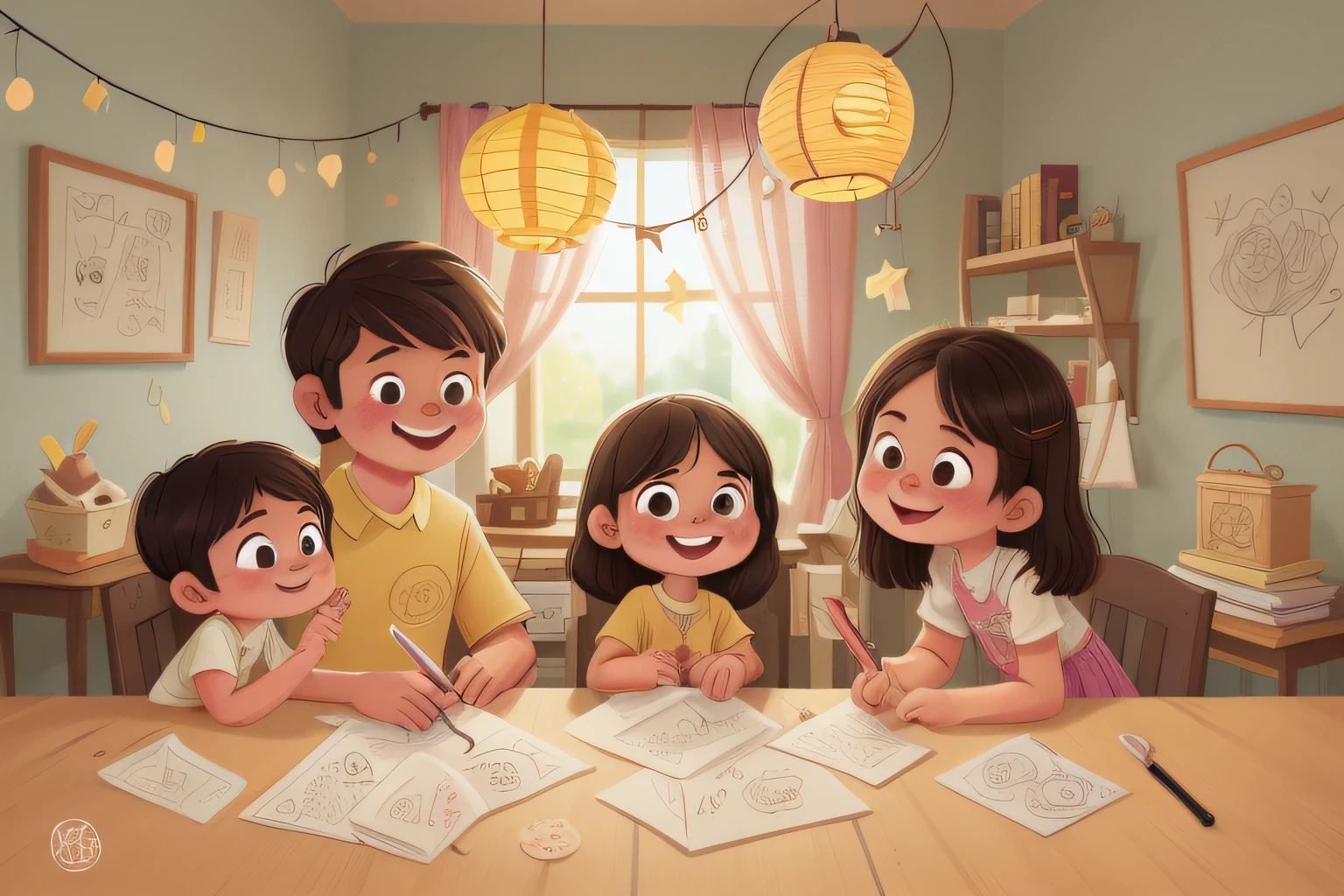 Picture 2: The family makes lanterns together for the Mid-Autumn Festival with 4 characters

Character 1: Father

Description: The father in the story is a middle-aged man, with slightly abusive brown hair and a warm face. He often wears simple but elegant clothes, showing the rustic personality and responsibility of a family father.

Character 2: Daughter

Description: The girl in the story is a girl about , with long light brown hair and mischievous eyes. She always has a cute smile on her face and often wears simple but very cute dresses.

Character 3: Mother

Description: The mother in the story is a middle-aged woman with short hair and warm eyes. She usually wears comfortable but still very neat and attractive clothes. She is a caring and loving person for her family.

Character 4: Son

Description: The boy in the story is a small boy about 7 years old,ng black hair and curious eyes. The boy often wears long pants and shirts, exuding a docile and hyperactive look.

[Drawing: Family sitting around table, with pre-cut lanterns and lantern-making tools.]

Son: "How did we cut the lanterns, dad?"

Father: "These templates are already printed on paper. We just need to cut and paste according to the instructions."

Mom: "Remember to also use brushes to decorate the lanterns, so that they become unique and eye-catching."

Daughter: "I'm going to make a yellow lantern and draw roses on it."