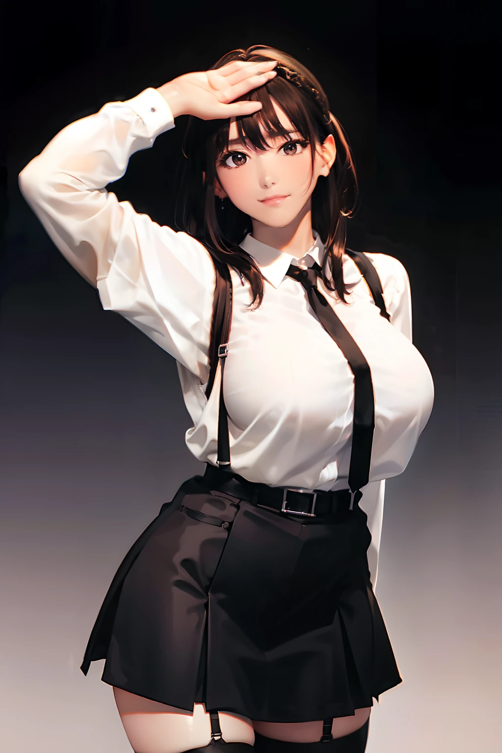 a black skirt　neck tie　White cutter shirt　suspenders　　　　　　Brown hair　long　Gray eyes　　holster　　Garter belt on the legs 　　　　large full breasts　　hands above your head　Colossal tits　Pichi Pichi clothes　Armpit sweat　police officers