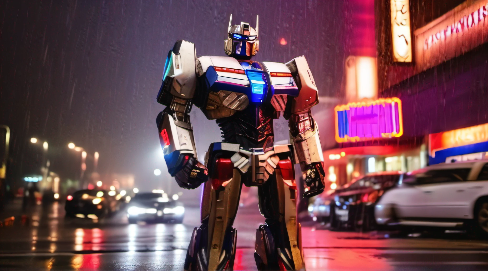 Amidst a city illuminated by neon lights, Optimus Prime stands tall in his resplendent white armor. Rain creates a shimmering dance on the pavement, and the shadows emphasize his formidable presence. The urban landscape serves as a metaphor for the battle between order and chaos. Photographed by Michelle Wong with a Sony A7III and a 35mm lens, the lighting is an interplay of studio lighting and colored gels, lending a dynamic and intense atmosphere. 8K, Ultra-HD, Super-Resolution.