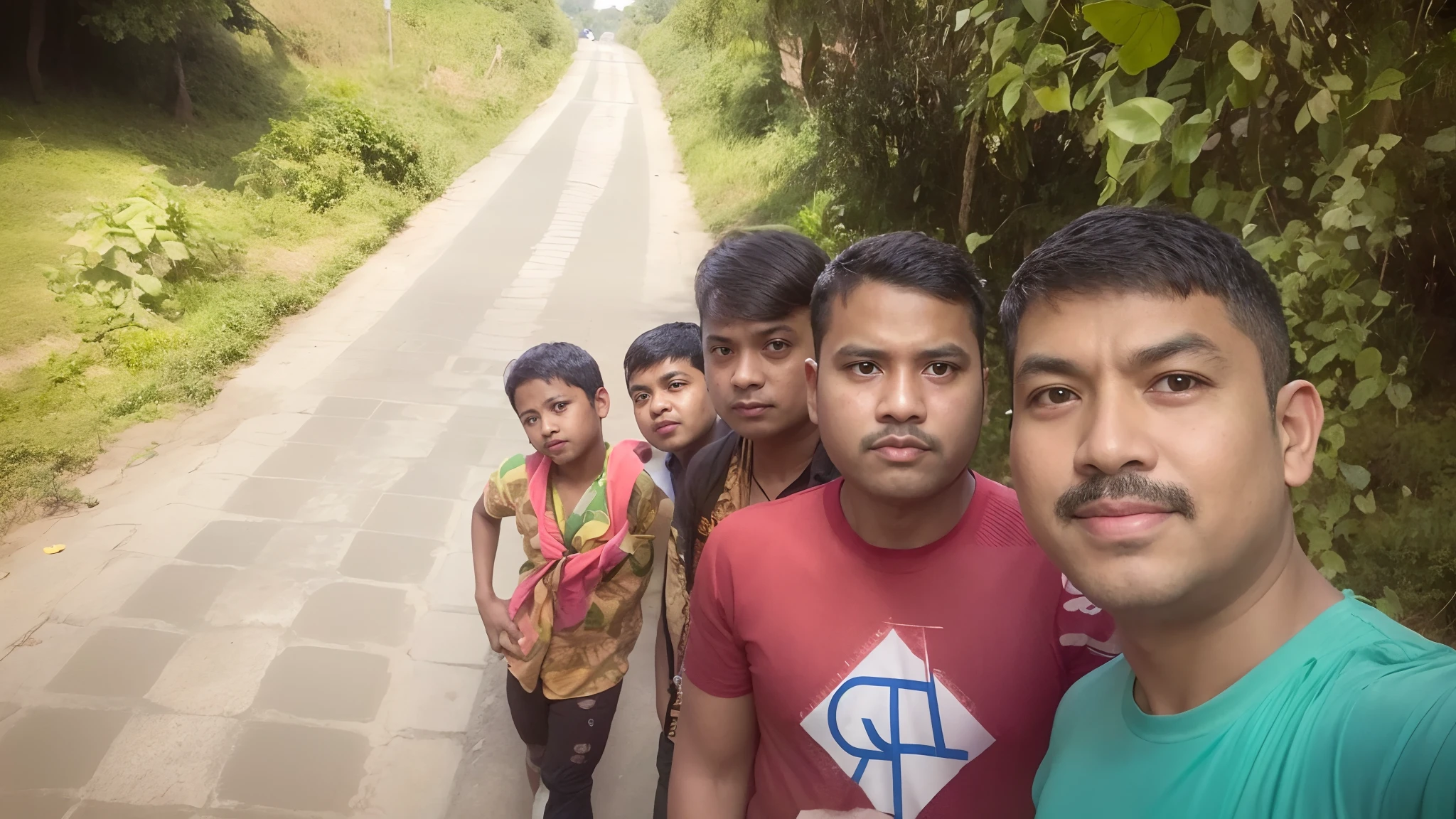 there are many people standing on a road with a man taking a picture, on a road, with village, selfie photo, connected with hanging bridge!!, assamese, in jungle, in city street, selfie!!!!!, near a lake, standing in road, very accurate photo, candid picture, in a village, selfie photography, without helmet, on a street