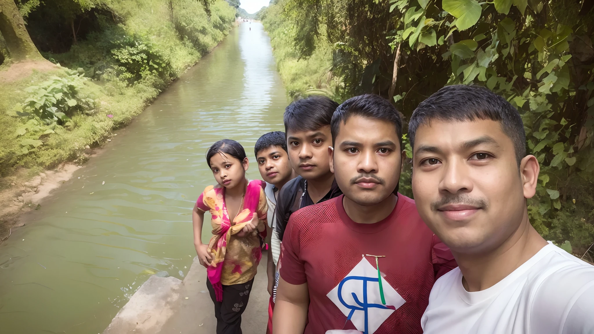 there are many people standing on a road with a man taking a picture, on a road, with village, selfie photo, connected with hanging bridge!!, assamese, in jungle, in city street, selfie!!!!!, near a lake, standing in road, very accurate photo, candid picture, in a village, selfie photography, without helmet, on a street