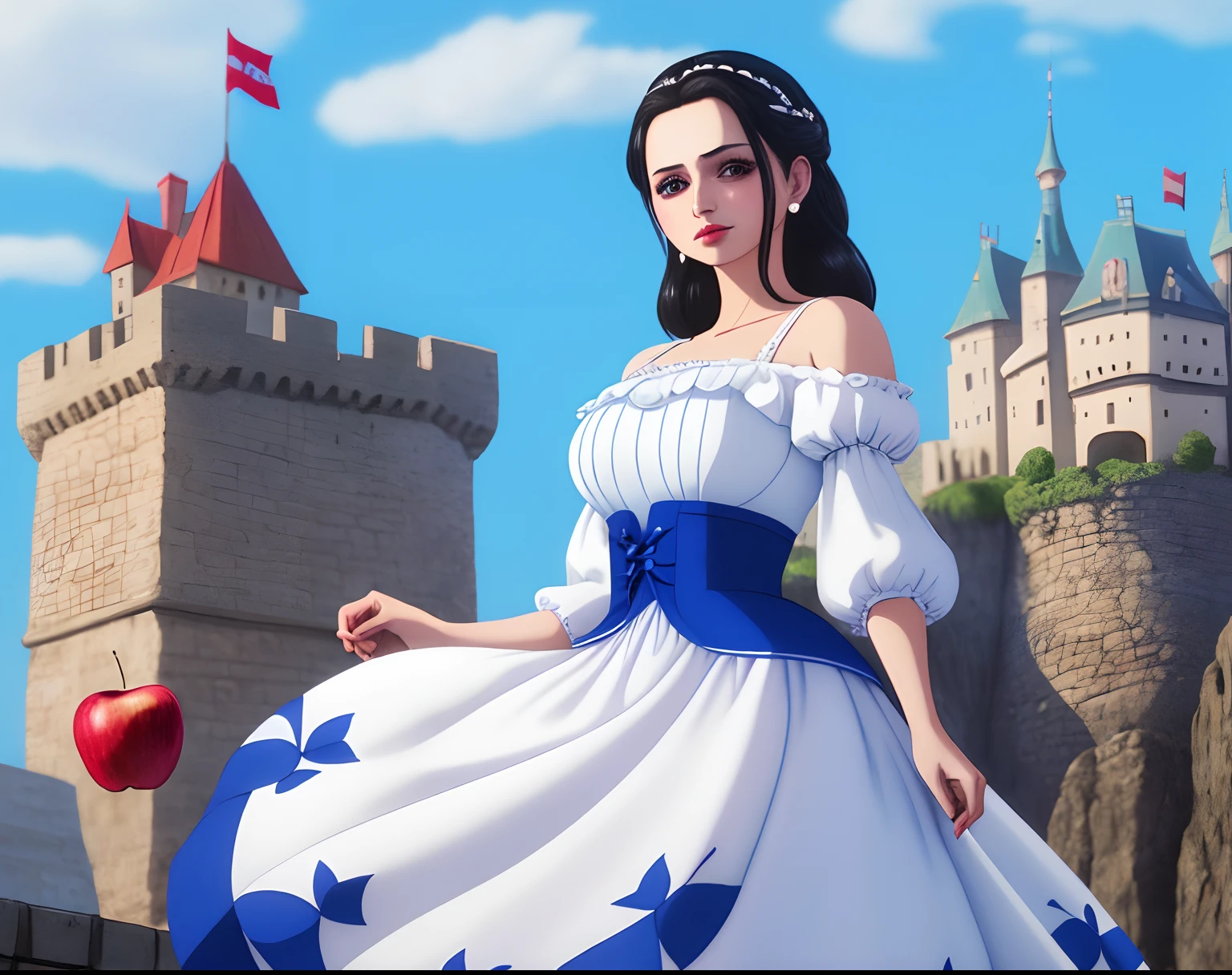 Uma mulher bonita vestida de Branca de Neve, She has the facial expression of hatred, She's wearing a blue and white dress, She holds a rotten apple in her hand, Estilo de arte digital hiper-realista, A burning castle is in the background of the image
