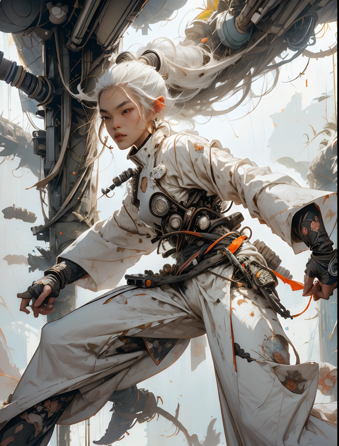 1monk warrior girl with white techwear clothes, white long hair, laces, abstract vintage scifi background, art by Moebius, art by Ashley Wood