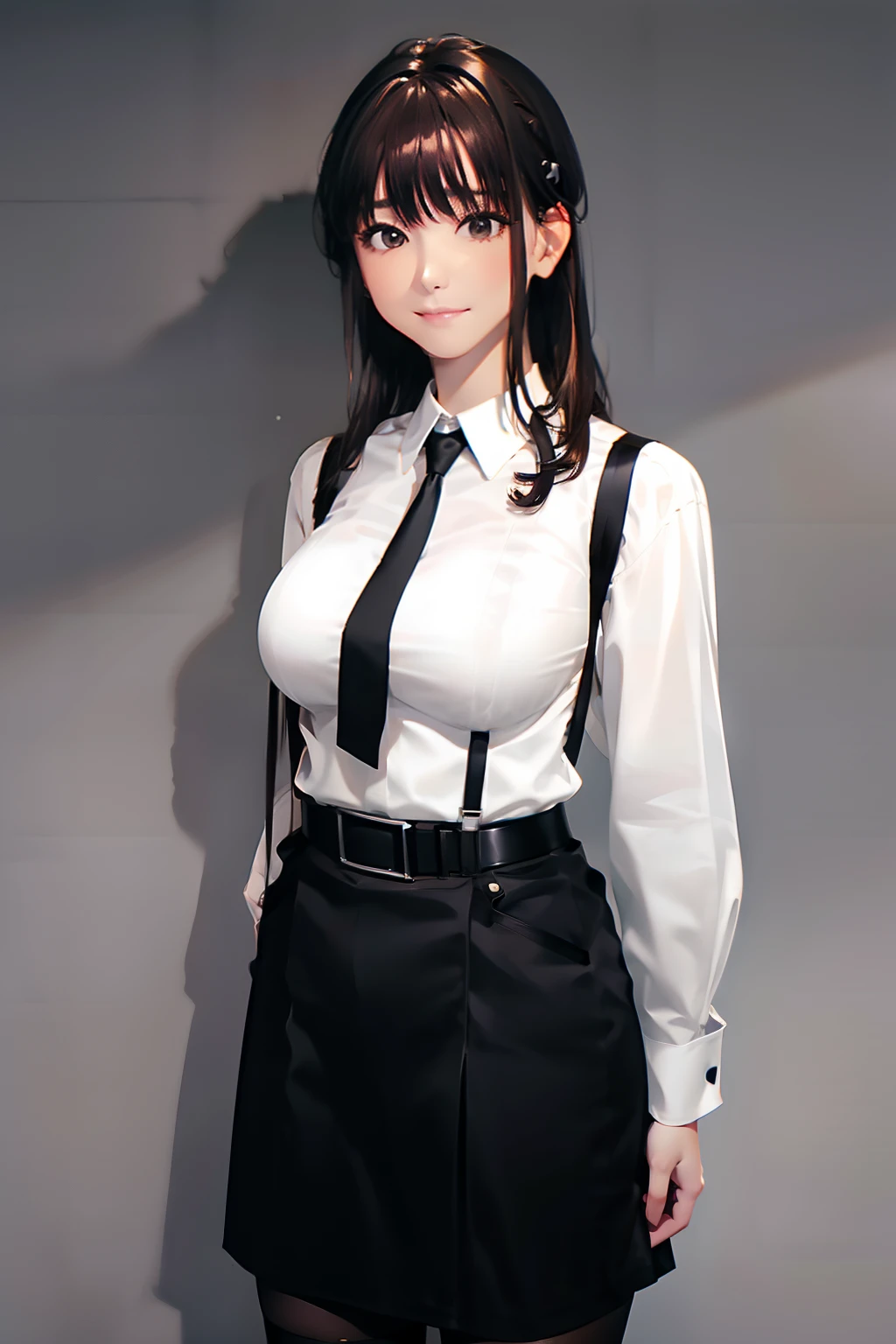 a black skirt neck tie White cutter shirt suspenders Brown hair long Gray eyes holster Garter belt on the legs large full breasts hands above your head Moderate Pichi Pichi clothes both sides policewoman