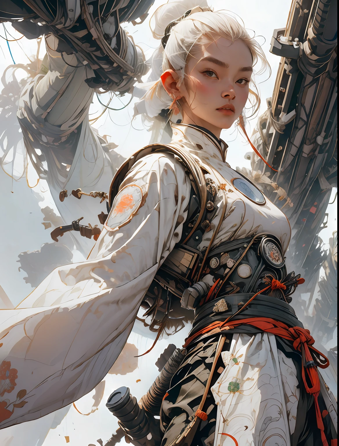 1monk warrior girl with white techwear clothes, white long hair, laces, abstract vintage scifi background, art by Moebius, art by Ashley Wood