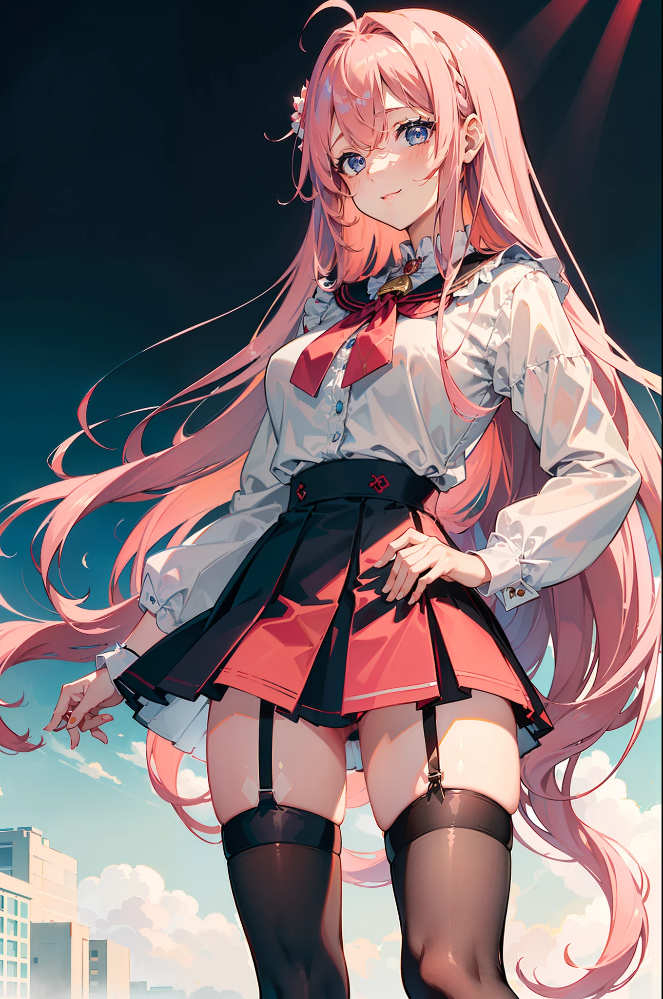 (1woman), (beautiful affectionate girl), masterpiece, beautiful, Pixiv, top quality, (((long pink hair))), Korean bangs, (((cowlick))), head to thigh shot view, close POV (((blue eyes))), ((white blouse with a red string)), (((pleated black skirt))), (((black stockings))), (standing), (warm smile), (immense blushing), (high school background), ((hand on hips))