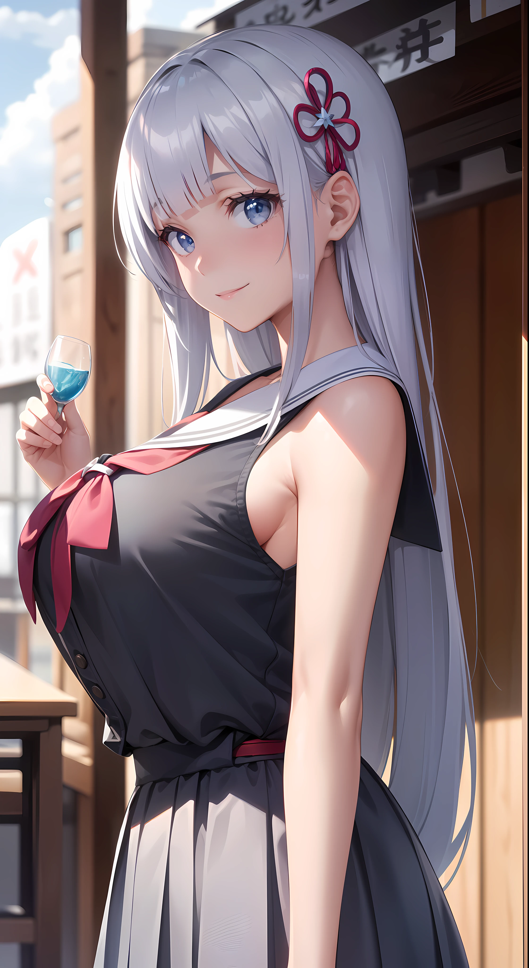 hair ornament, very long hair, japanese clothes, professional artwork, Intricate Details, field of view, sharp focus, detailed painting, photorealistic lighting, trending on pixiv, Standing at attention, ((school girl, summer school outfit)), ((large breasts:1,3)), Beautiful body,Beautiful Nose,Beautiful character design, perfect eyes, perfect face, looking at viewer, SFW,official art,extremely detailed CG unity 8k wallpaper, perfect lighting,Colorful, Bright_Front_face_Lighting, (masterpiece:1.0),(best_quality:1.0), ultra high res,4K,ultra-detailed, photography, 8K, HDR, highres, absurdres:1.2, Kodak portra 400, film grain, blurry background, bokeh:1.2, lens flare, (vibrant_color:1.2), shikkoku_yorihime, (happy smile, cheers), ((looking at viewer, front body pose))