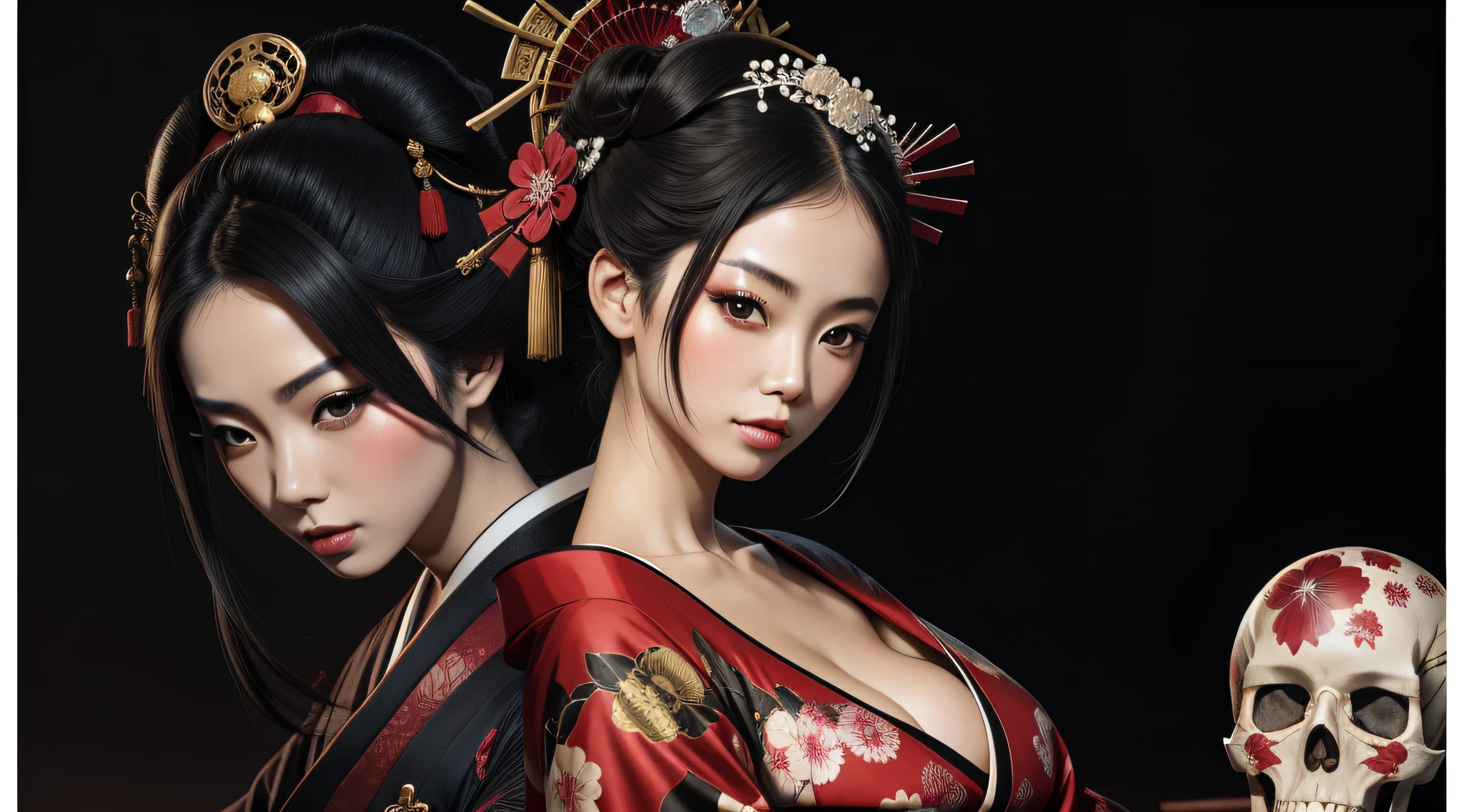 "An oriental geisha with a beautiful kimono holding a human skull in an elegant pose."