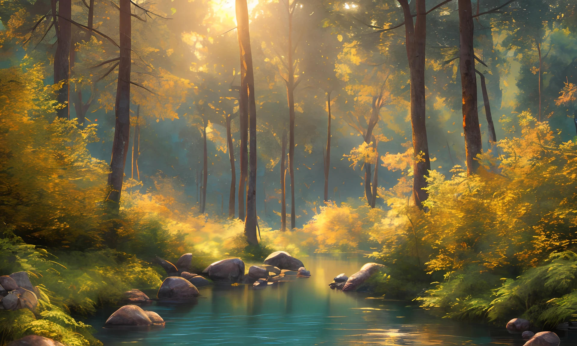 (((Masterpiece))), (((Best Quality)))), ((Super Detail)), (Highly Detailed CG Illustration), Ultra-Realistic, Overall GOLDEN, 10K, Cinematic Golden Light, Intricate Detail, Forest with River Between Trees, Depth of Field, Bloom, Chromatic Aberration, Photorealistic, Highly Detailed, Trending in Art Station, CGSociety, Intricate, High Detail, dramatic, art by mid-journey, volumetric lighting, gold forest, gold light, gold light, golden river, mystical river --auto --s2