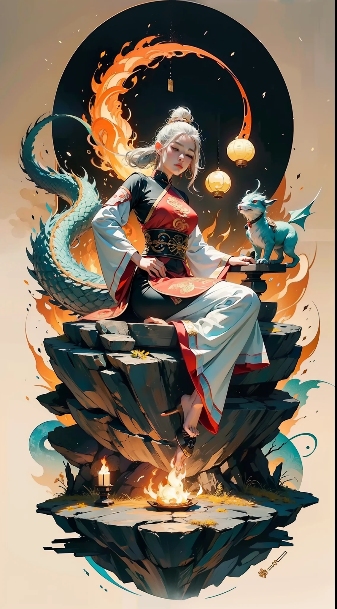 tmasterpiece,(and harmonious、balancing、yin yang)、Chinese silk painting、Tai Chi principle、Smooth movement、Interrelated elements、Interaction of contrasting forces、Taoist philosophy、The touch of the I Ching、Cool and warm tones、Reflective art、Inspired by Lao Tzu、Zhuangzi、Yin-Yang diagram、Taijitu、Gossip diagram、Flesh and soul are one、1girll、独奏、Grab milk、Daoism、Invoke Magic、电影灯光、Fire splits with ice、Gossip background、Round gossip、Yiyang,Taoist practice,Meditation sitting,Buddha sitting,Spiralosaurus,Top Cloud Dragon,super breasts,Oversized buttocks