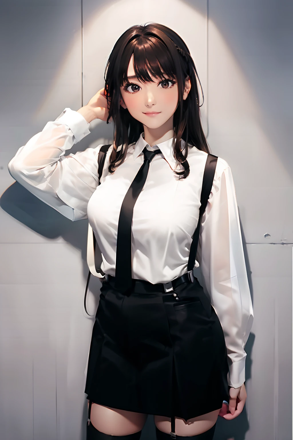 a black skirt neck tie White cutter shirt suspenders Brown hair long Gray eyes holster Garter belt on the legs large full breasts hands above your head Moderate Pichi Pichi clothes both sides Investigator suits