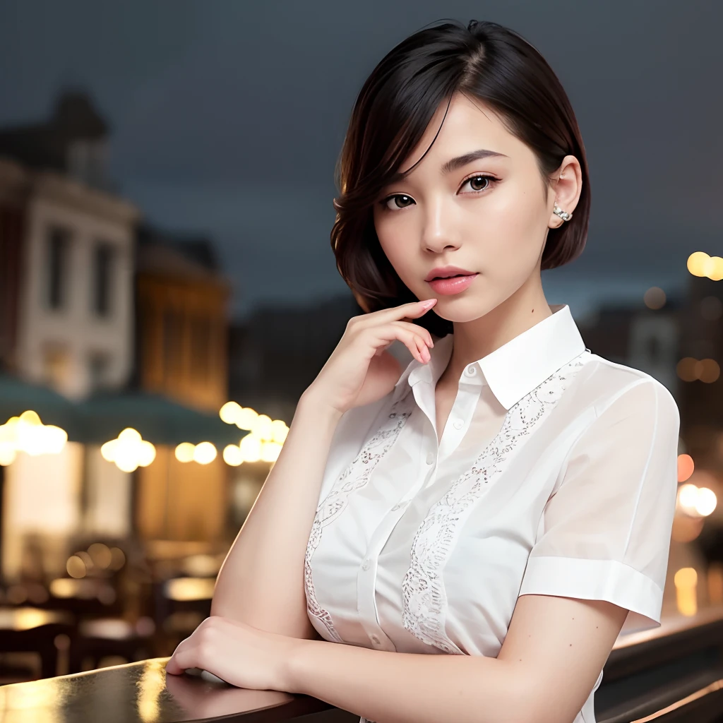 (8k, Best Quality, Masterpiece: 1.2), (Realistic, Photorealistic: 1.37), Super Detailed, 1 Girl, Cute, Alone, Beautiful Detailed Sky, Detailed Cafe, Night, Sitting, Date, ( Nose blush), (smile: 1.15), (close mouth) small breasts, beautiful details, (collared shirt: 1.1), night, wet, business wear, rain, white lace, (short hair: 1.2), floating Hair NovaFrogStyle,