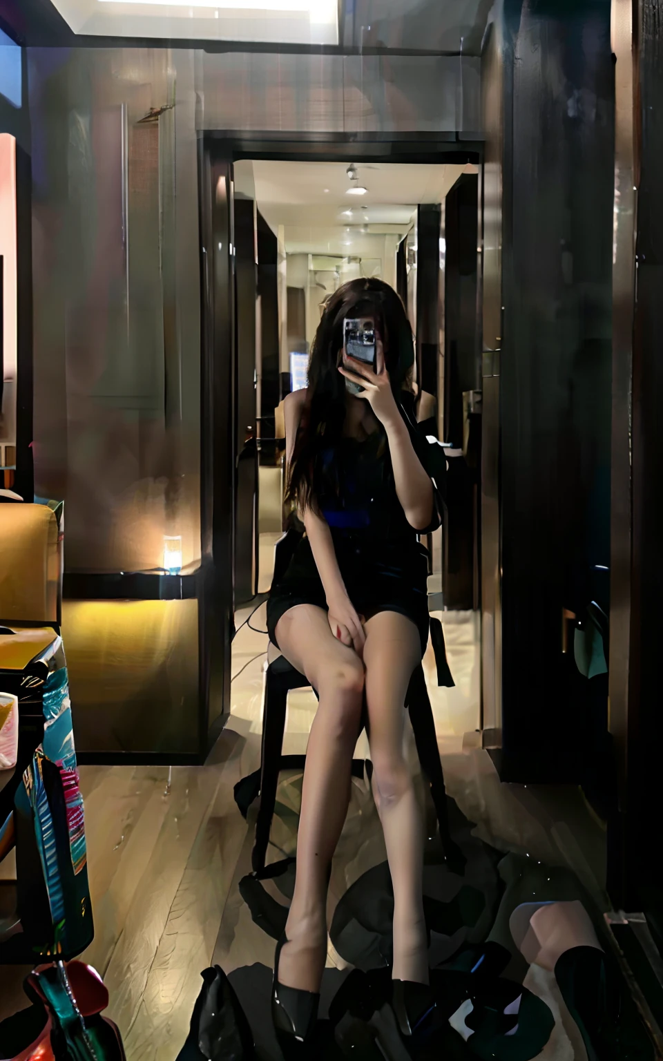（RAW photos，best qualtiy），（realisticlying，photo-realistic：1.4），tmasterpiece，Extremely Delicately Beautiful，astounding，finely detailled，the Extremely Detailed CG Unity 8K Wallpapers，hugefilesize，ultra - detailed，A high resolution，absurderes，the soft light，rim-light，vibrant detail，（（perfect hand：1.2）），（（with perfect legs：1.2）），
The background is blurred out，blurryforeground，depth of fields，
Take a selfie with your phone in one hand，Cover your face，
1girll，full bodyesbian，Leaks out of the soles of the feet，[standing on your feet|a chair|Sat down|butterfly sitting]，[stocklings|lacepantyhose]，iPhone，self-shot，lewd poses，Small hands，（（a color）），
p_m_s，