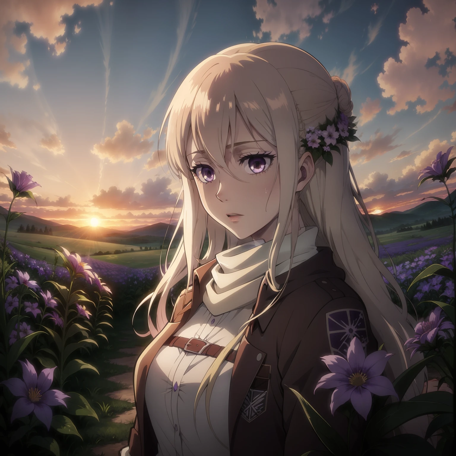The Albino Woman, long curly hair, violet eyes, Field of flowers, Sunset