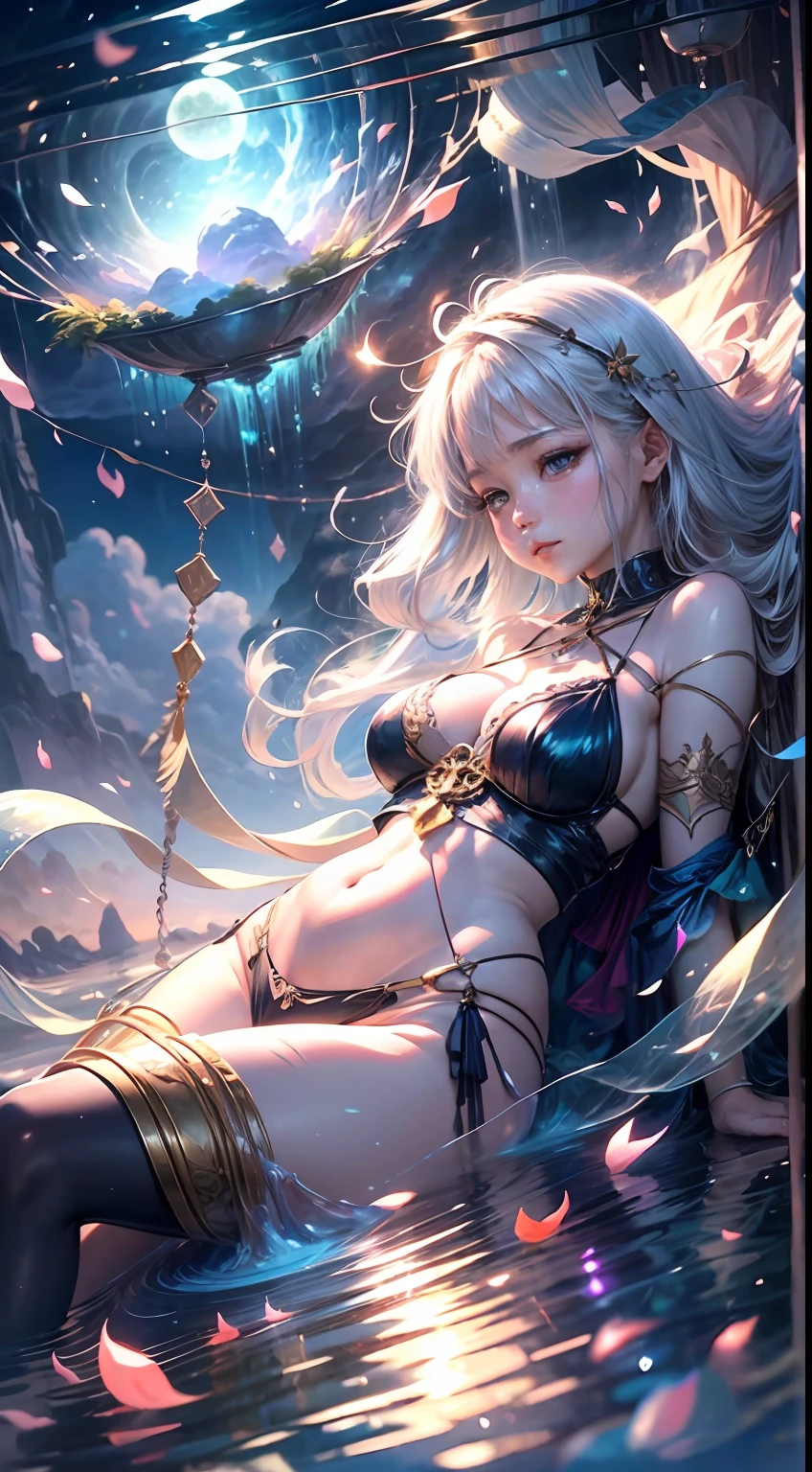 Envision a mesmerizing scene where a woman is suspended by her belly, delicately tied with ornate ropes, in a dreamlike realm of floating islands and colorful skies. The environment is filled with fluffy clouds, waterfalls cascading from the floating islands, and a vibrant, surreal atmosphere. The woman's expression exudes a sense of peace and serenity as she hangs weightlessly in the air. The atmosphere is filled with a sense of wonder and tranquility. This scene will be depicted in an anime-style illustration, with soft lines, pastel colors, and a whimsical touch. The artwork will capture the ethereal beauty and tranquility of the dreamlike realm, creating a sense of harmony and escape from the ordinary world.