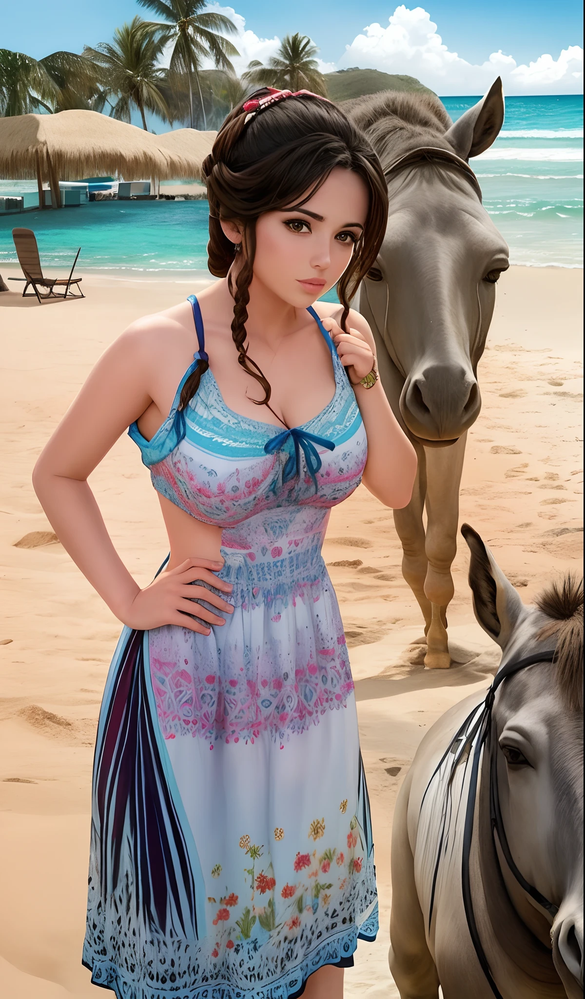 Adulto tomando sol en la playa junto a un hermoso burro vestido de mexicano. A hyper-realistic style