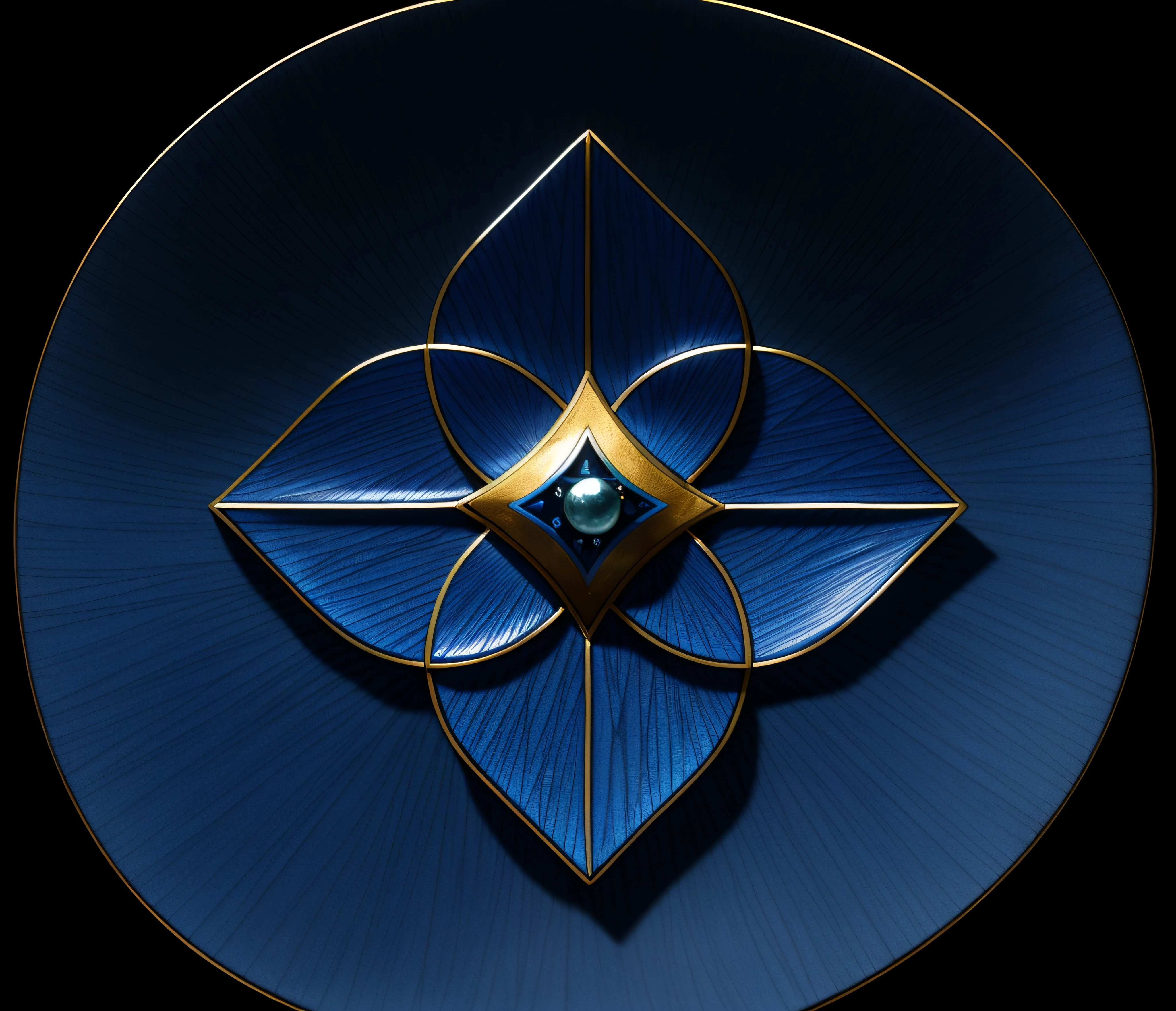 Dark blue background，Dark blue petals，tmasterpiece，high qulity，Glazed texture，Cloisonné craftsmanship，Monochrome cloisonné enamel craft，goldtrim，Central gem，Center Diamond，Pearl stamens，((The three-dimensional shape of the center))，Floral crafts，Ultra-detailed light and shadow、rich details​