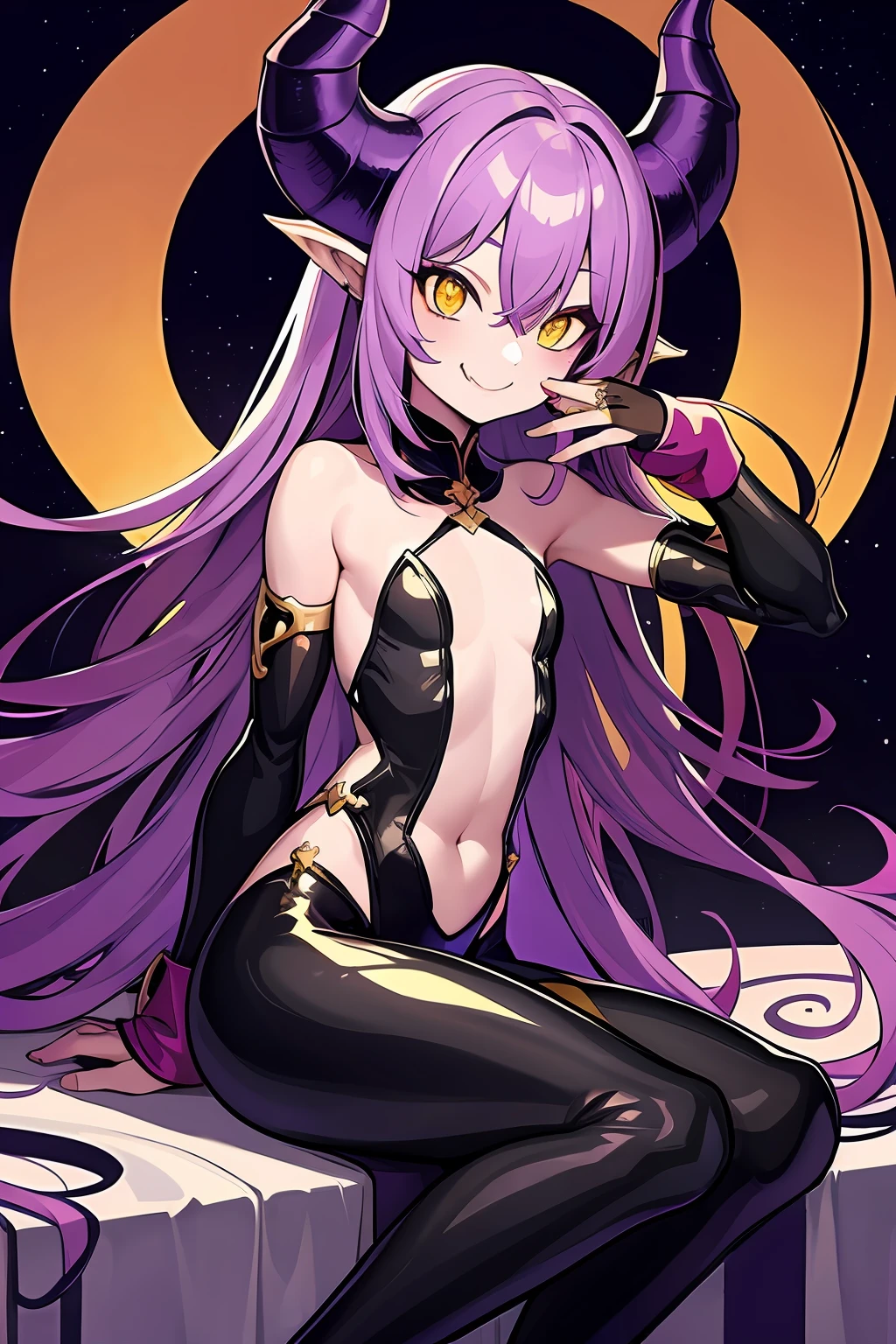 1girl, smile, fang, {dark sclera}, yellow eyes, horns, purple hair, very long hair, messy hair, flat chest, bodysuit, dragon tail, {purple scales}, harp, cave, sitting, happy, cheerful, fantasy