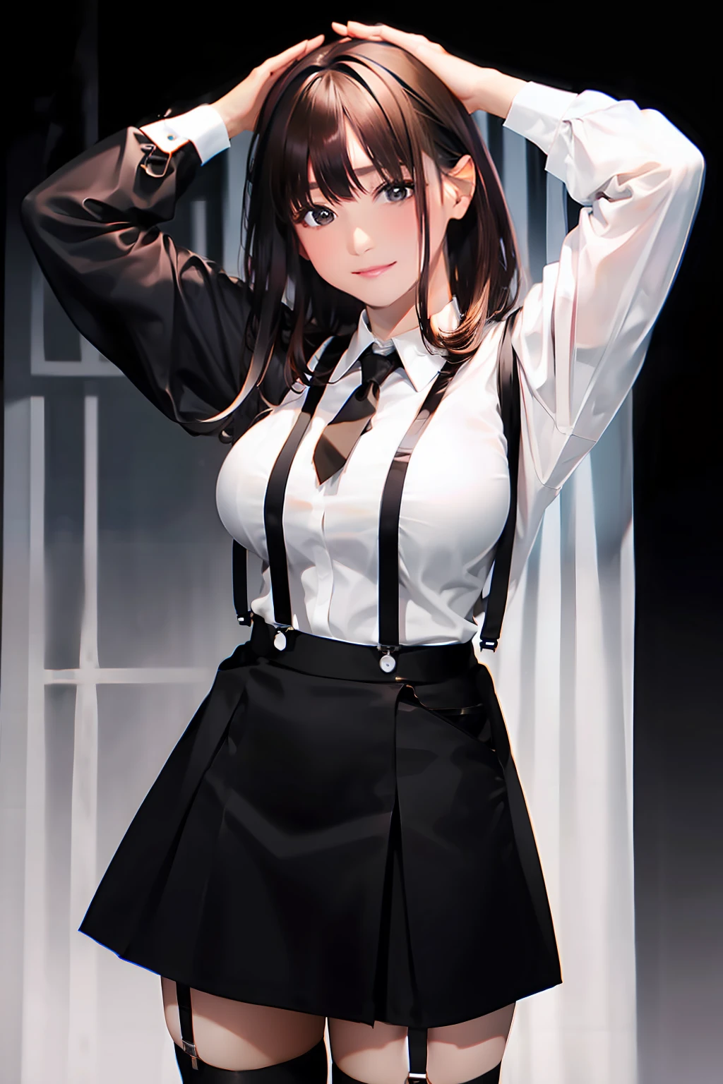 a black skirt neck tie White cutter shirt suspenders Brown hair long Gray eyes holster Garter belt on the legs large full breasts hands above your head Moderate Pichi Pichi clothes both sides officeworker