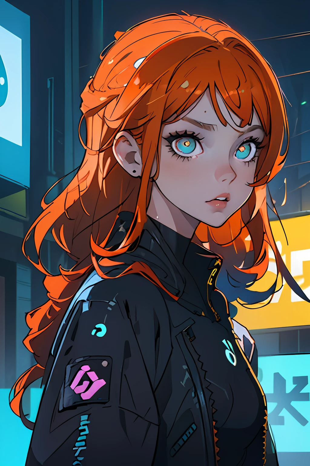 (melhor qualidade, obra-prima1.2), (olho detalhado: 1.2), detalhe complexo, profundidade de campo, 1girl, cidade, cyberpunk, neon, luzes neon, noite, cabelo cacheado,orange hair,olhos azul escuro