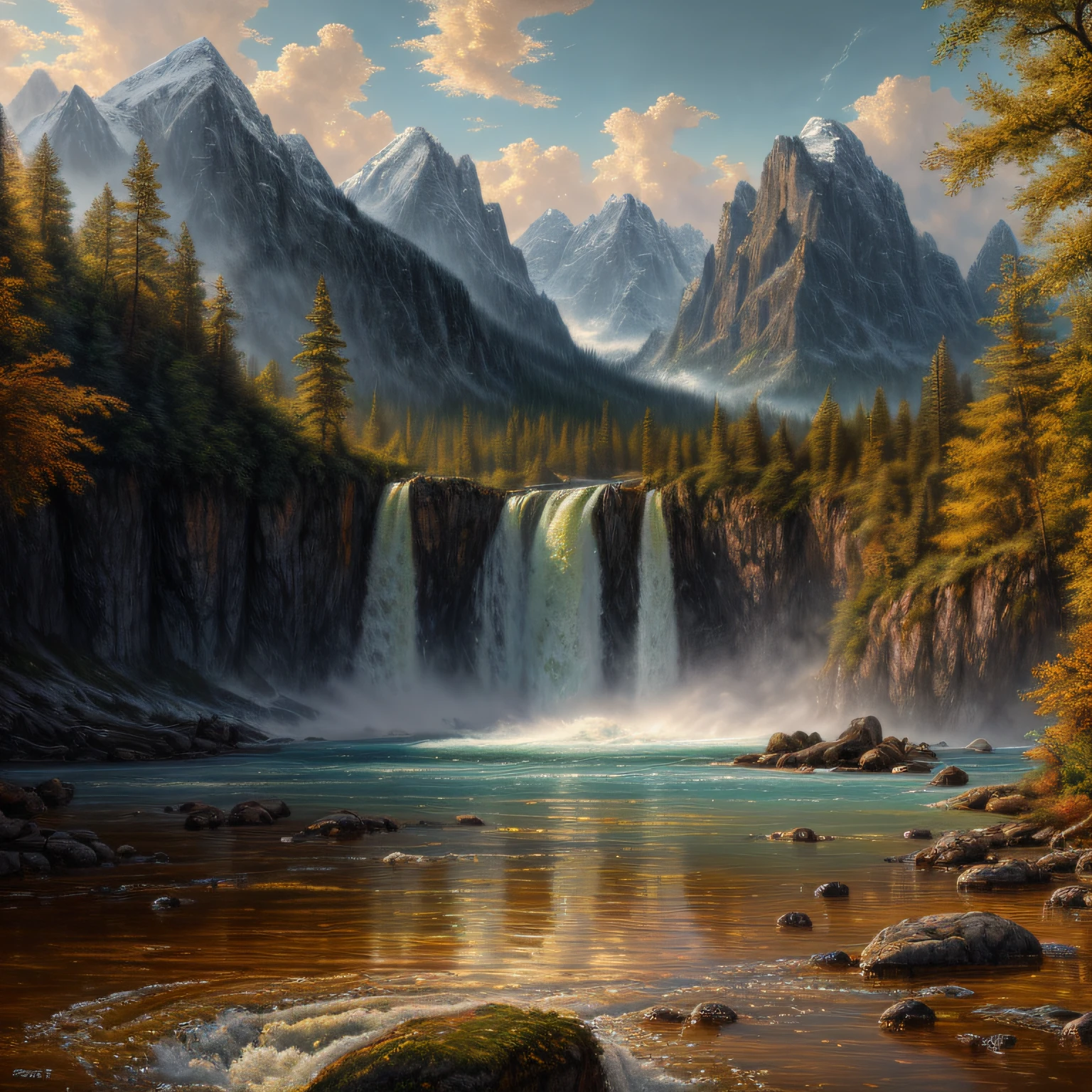paysage,Eau, (Highly detailed CG Unit 8k wallpaper), The most beautiful work of art in the world, Professional majestic oil painting, complexe, High detail, mise au point nette, dramatique, Art of photorealist painting,