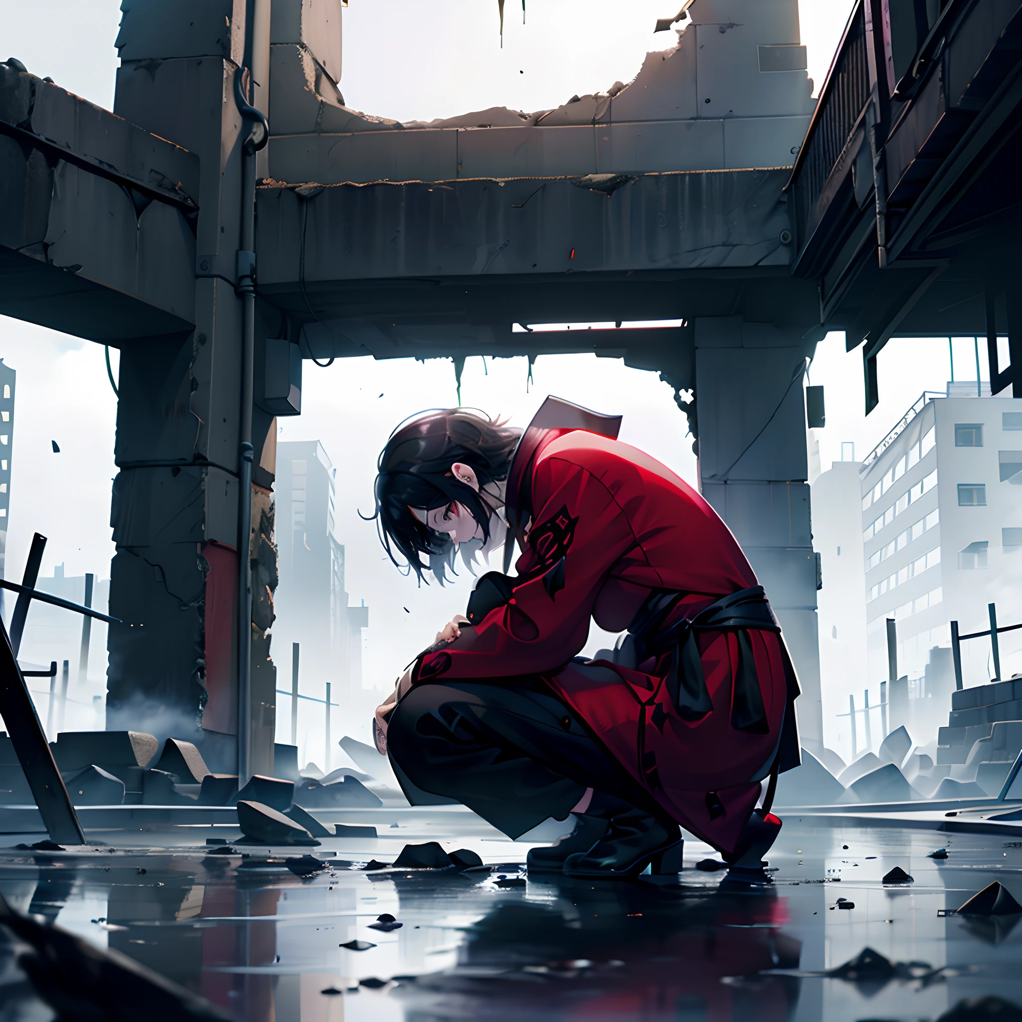 People with depression,Oppressive environment,A broken dream world,Lonely crouched on the ground,Crazy expression,Red-black rendering,Pixiv quality work,high qulity,A high resolution,collapse,Red and black robes,There are Japanese evil spirits