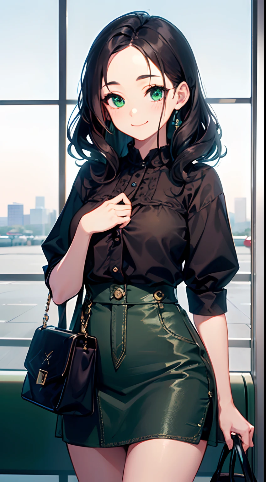 ((Best Quality)), (Ultra-detailed), ((Extremely detailed)), (Beautiful), ((Kawaii Girl)),Medium Hair,Forehead,Dark blue hair,(Wavy Hair),Green eyes,smock blouse,Mini skirt,regular breasts,Smile,Airport lobby,One Woman