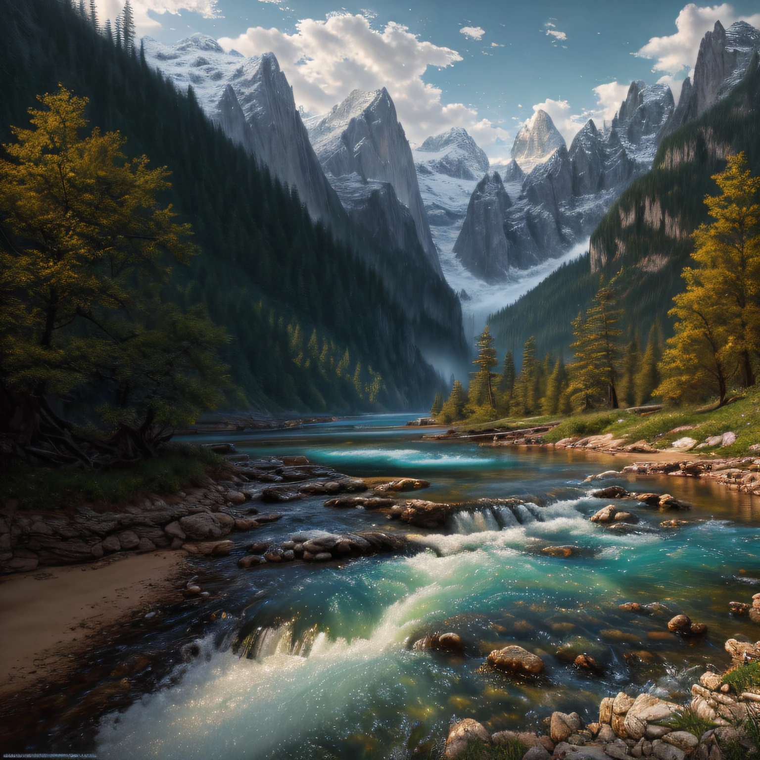 paysage,Eau, (Highly detailed CG Unit 8k wallpaper), The most beautiful work of art in the world, Professional majestic oil painting, complexe, High detail, mise au point nette, dramatique, Art of photorealist painting,