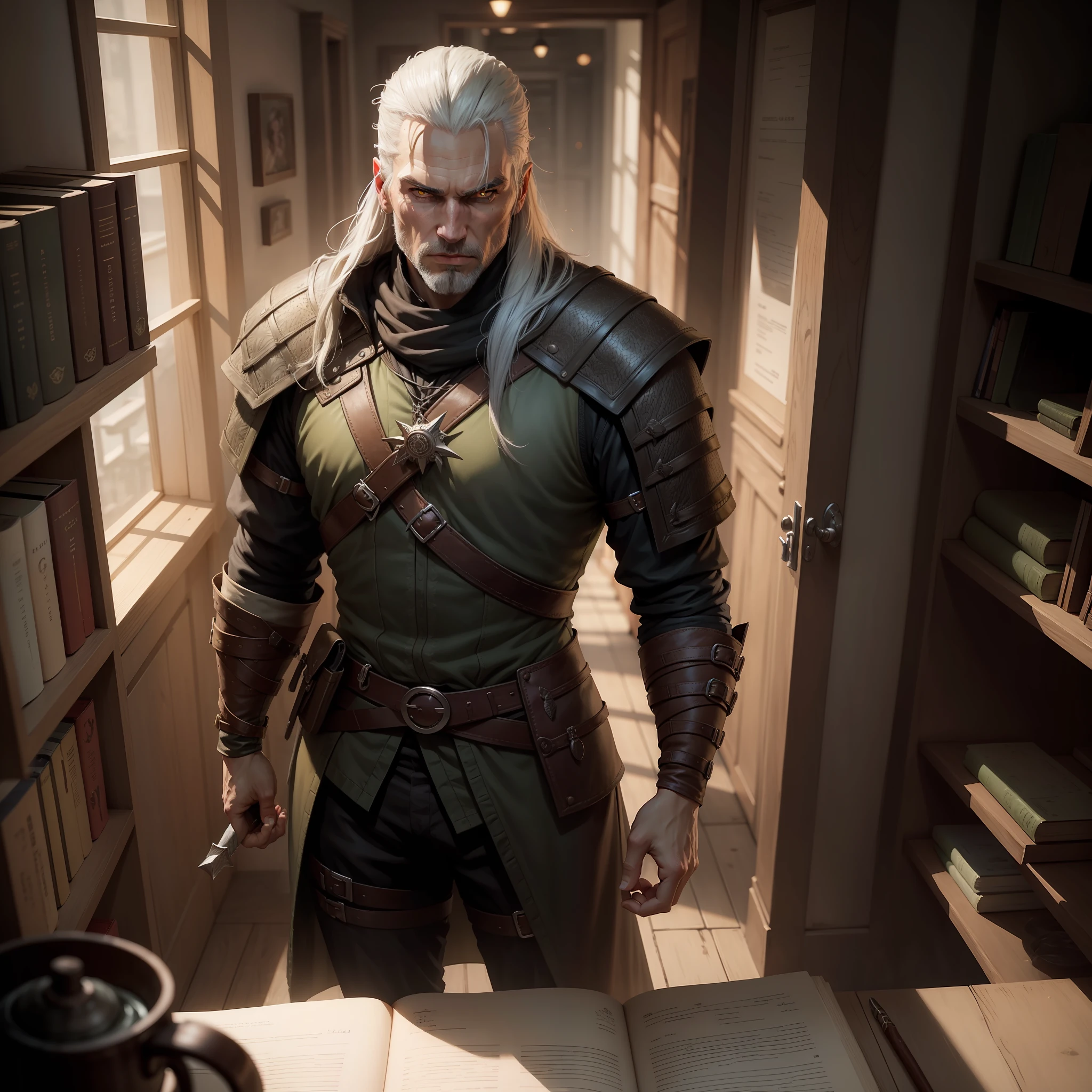 Geralt is described as tall, Thin, well-proportioned, Unnaturally pale, nor young, nor an old man with full gray hair, Like milk, Hair, In books, intercepted on the forehead with a leather bandage, In games, He gathers them in a high ponytail at the back of his head. It has yellow phosphorescent eyes with vertical pupils.