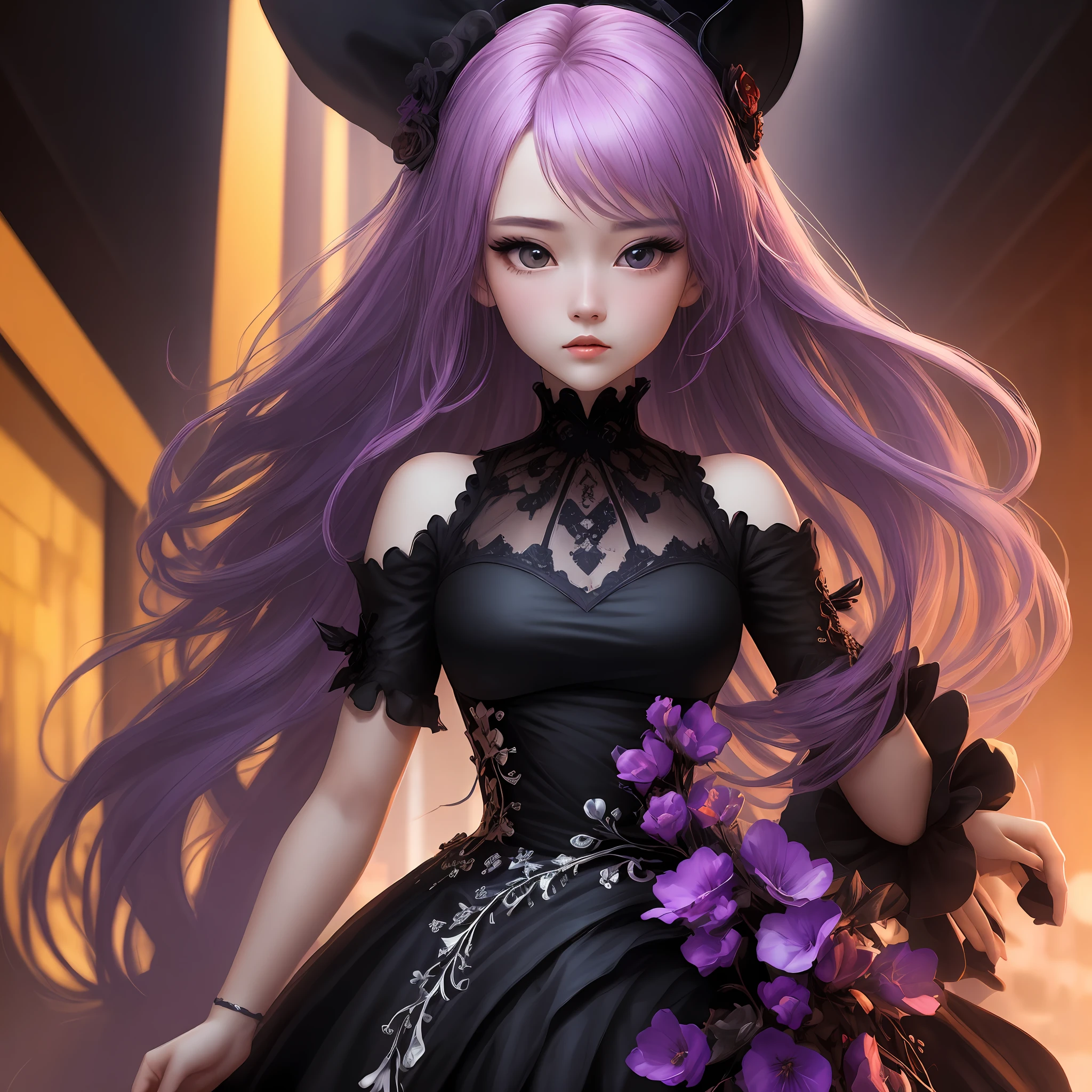 Dark style,Pure desire,Hair is pink-purple and smooth,Hair is messy and beautiful,Full body like,Wearing black but designed clothes,Solid black background,There are neon lights,Exquisite details,The characters have decadent expressions,Stand casually,extreme picture quality,extreme hight detail,Close-up of a beautiful girl,largeeyes,Pure desire,Impressionism art style,Highest image quality,tmasterpiece,Beautiful CG,Rich in graphics。